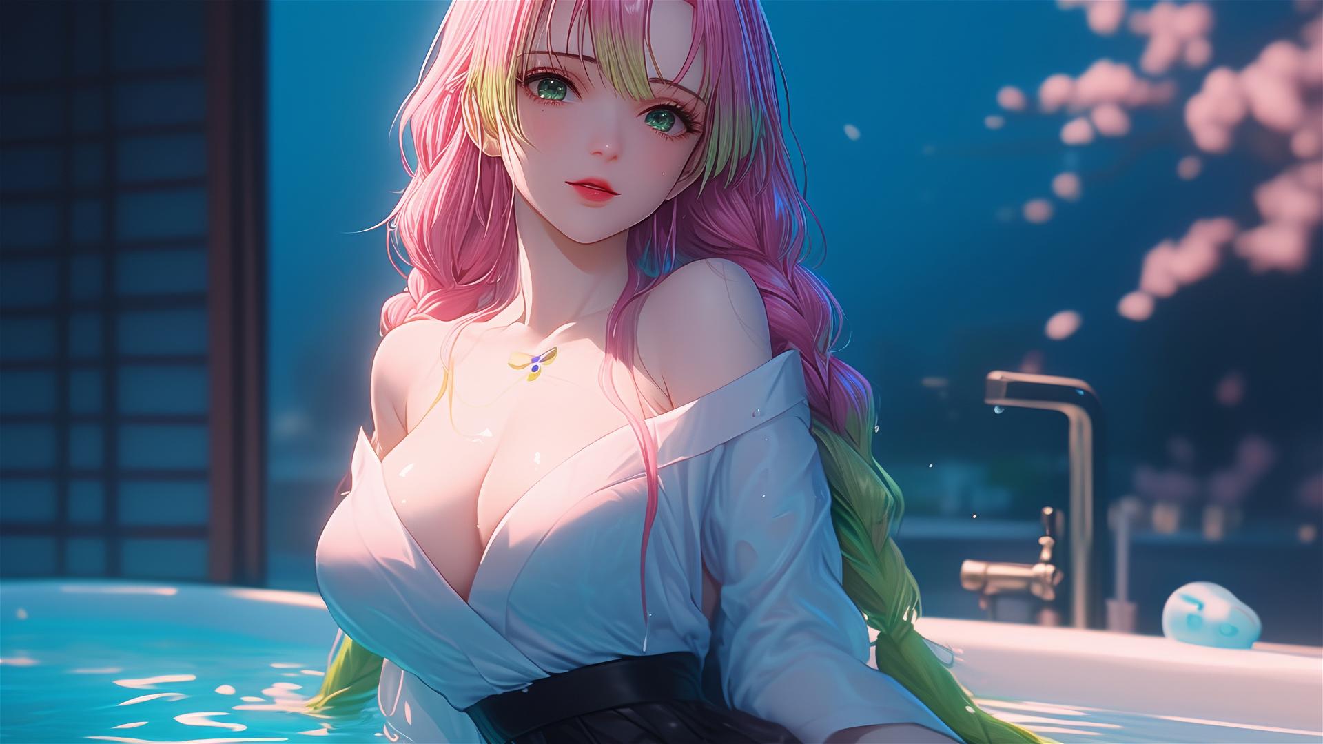 Mitsuri Kanroji from Demon Slayer in a tub under moonlight with pink to lime green hair gradient