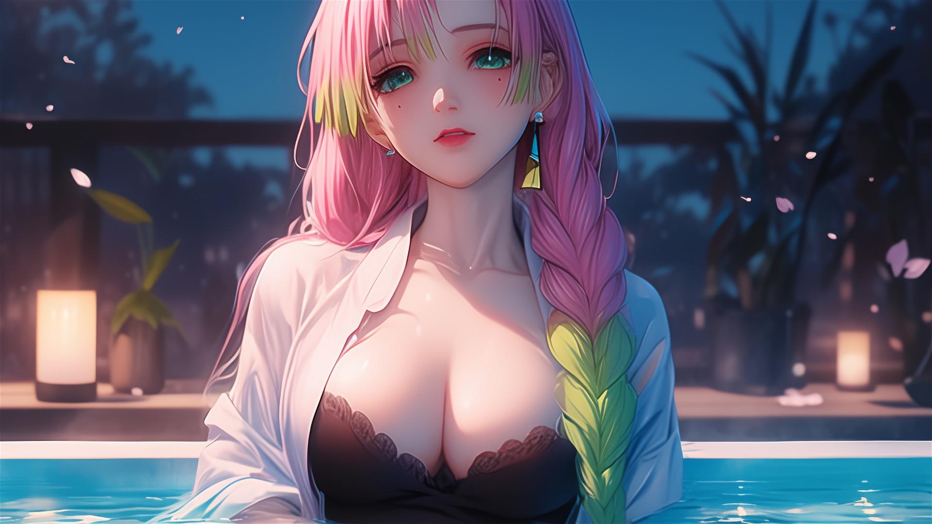 Mitsuri Kanroji from Demon Slayer, resting in tub with moonlight softly glowing on her. Light pink hair fading into lime green.