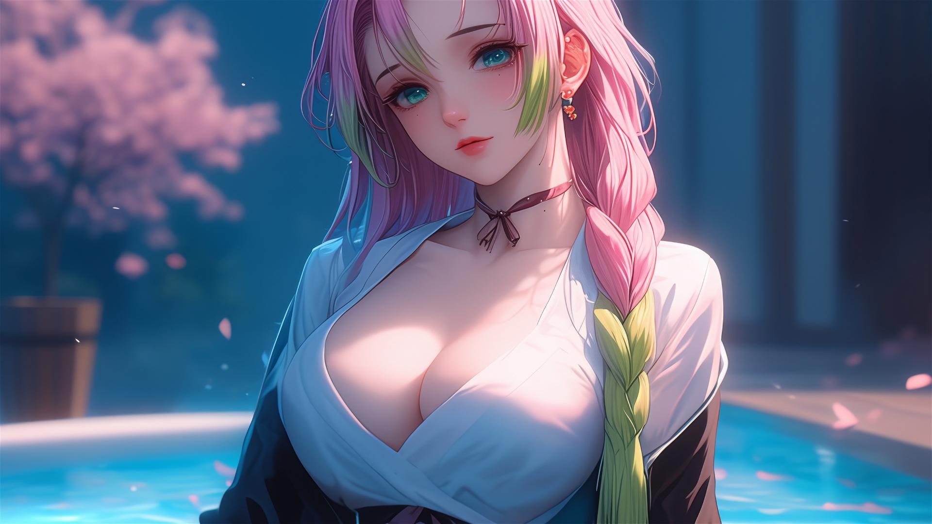 Mitsuri Kanroji from Demon Slayer resting in a tub under moonlight, with her pink and lime green hair gradient