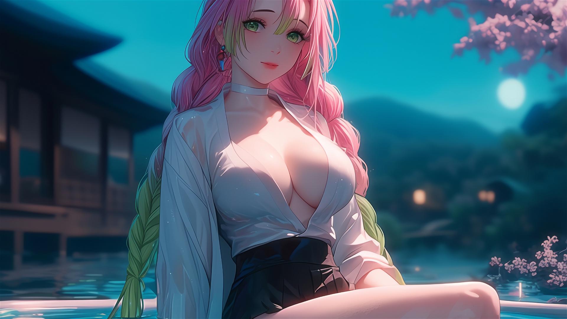 Mitsuri Kanroji resting in a tub with moonlight on her figure and ombre pink-green hair
