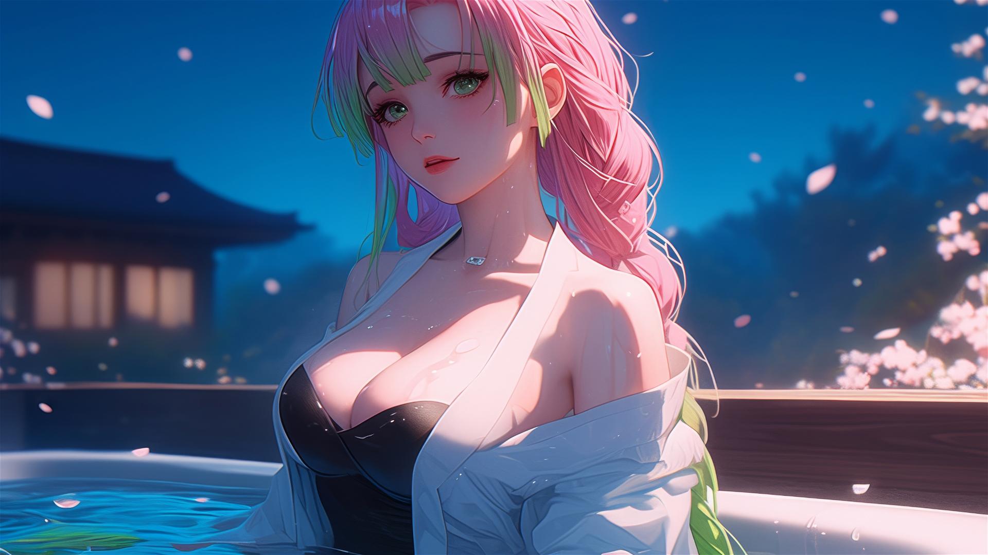 Mitsuri Kanroji from Demon Slayer resting in a tub, under moonlight with pink to lime green hair.