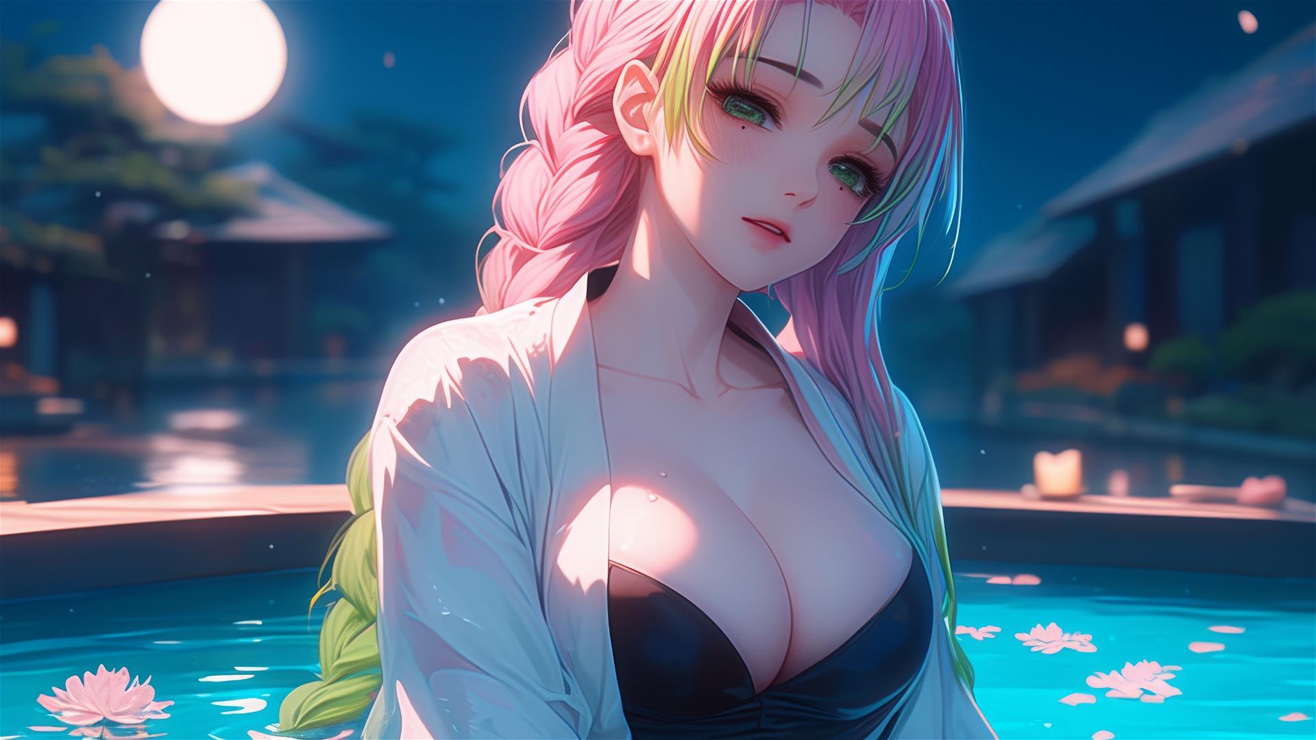 Mitsuri Kanroji from Demon Slayer resting in a moonlit tub with two-tone hair