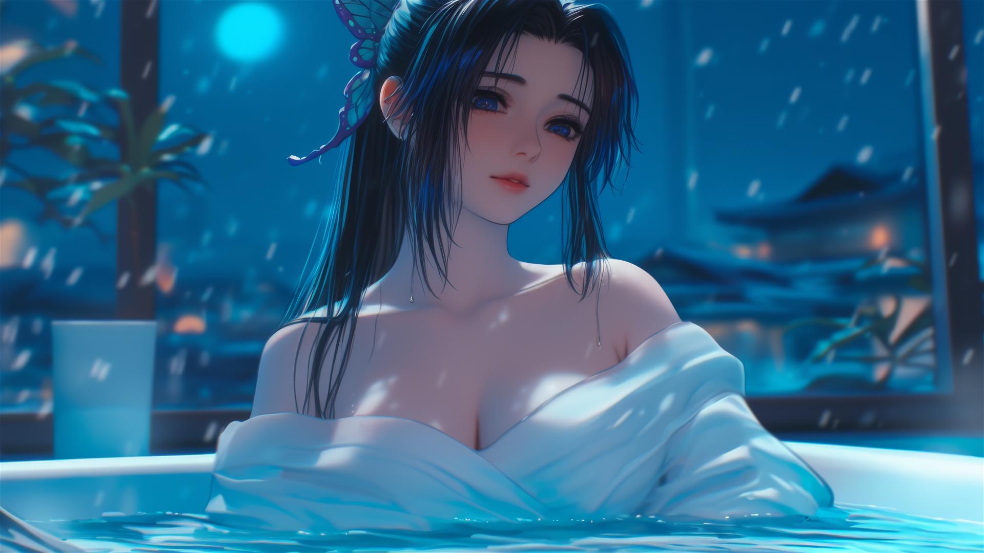 Shinobu Kocho from Demon Slayer resting in tub under moon light