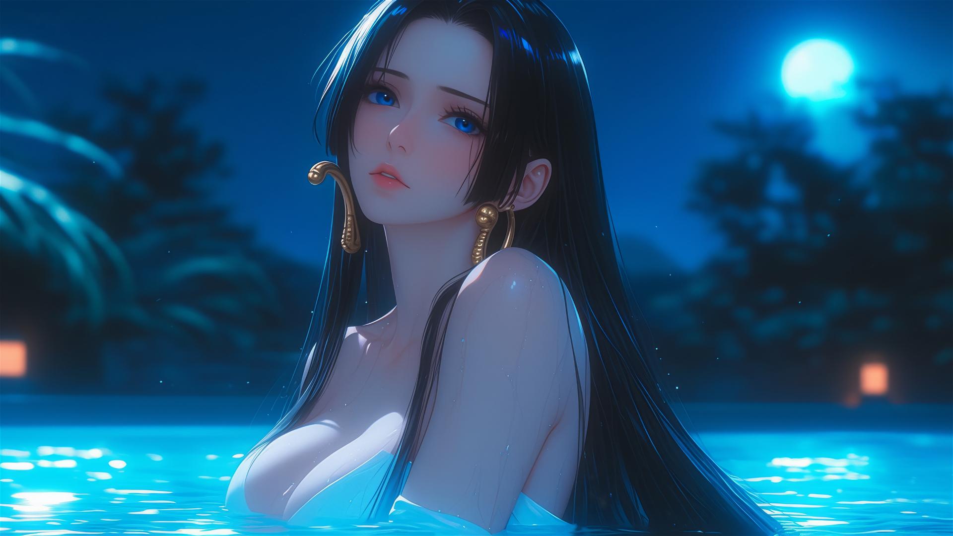 Boa Hancock from One Piece, resting in her apartment tub under moonlight