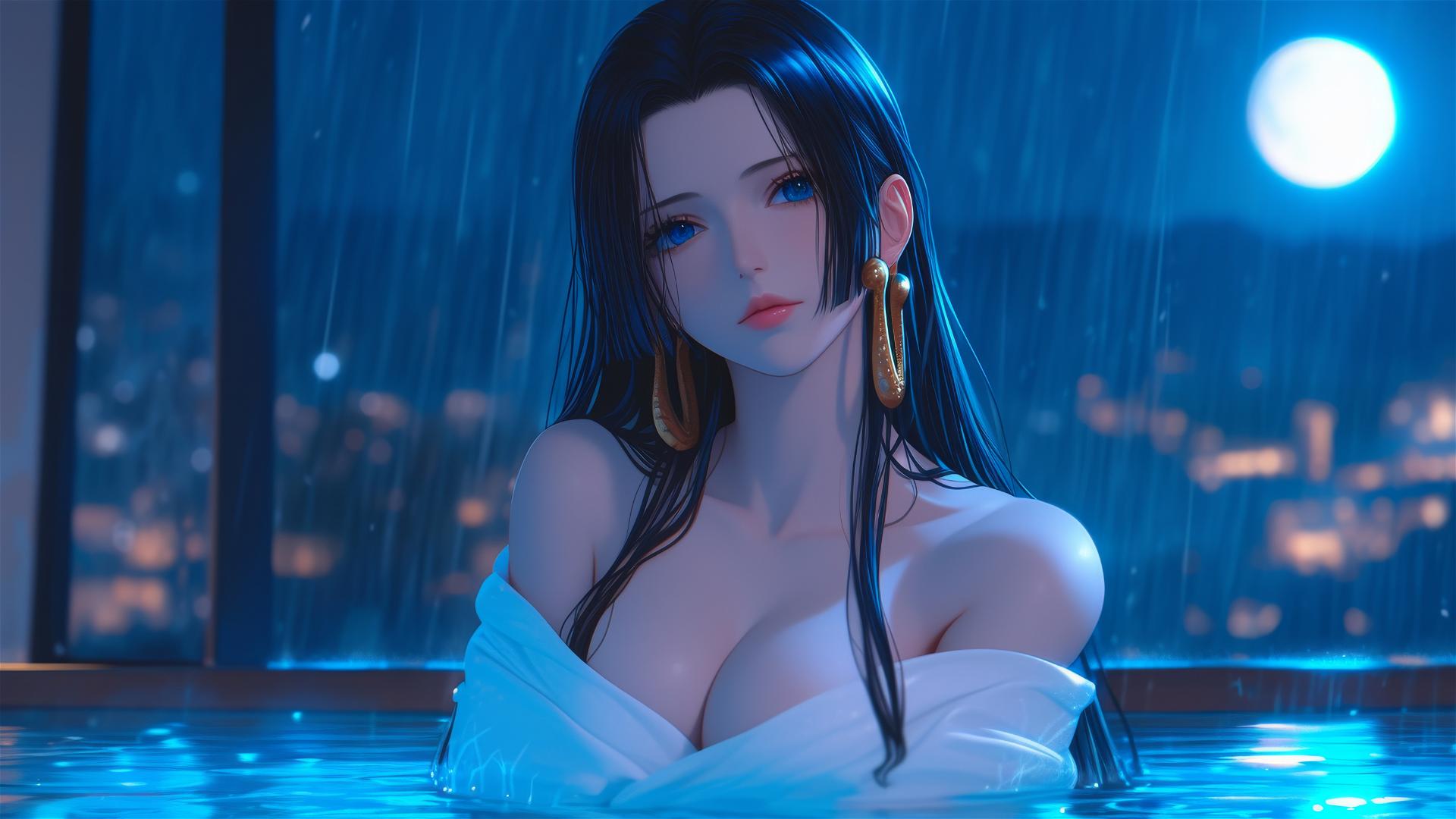 Boa Hancock from One Piece resting in a tub under moonlight
