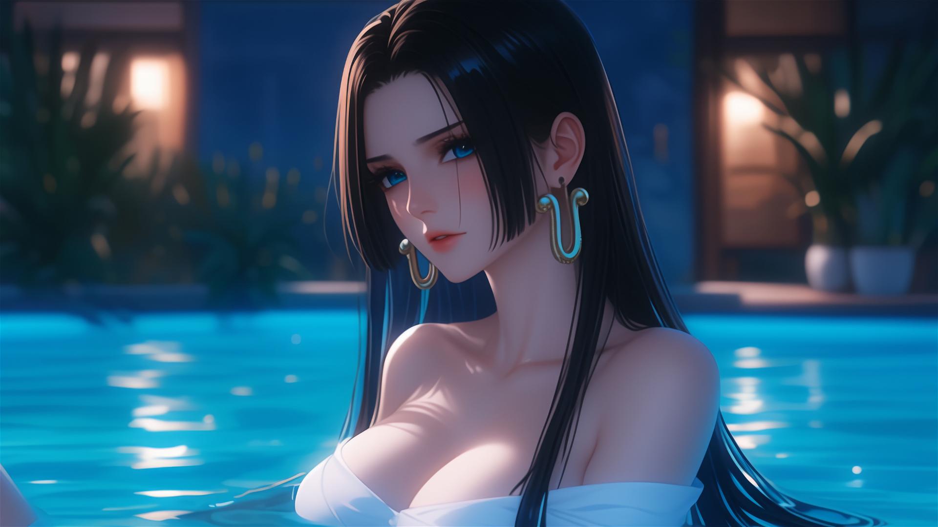 Boa Hancock from One Piece relaxing in a tub under moonlight