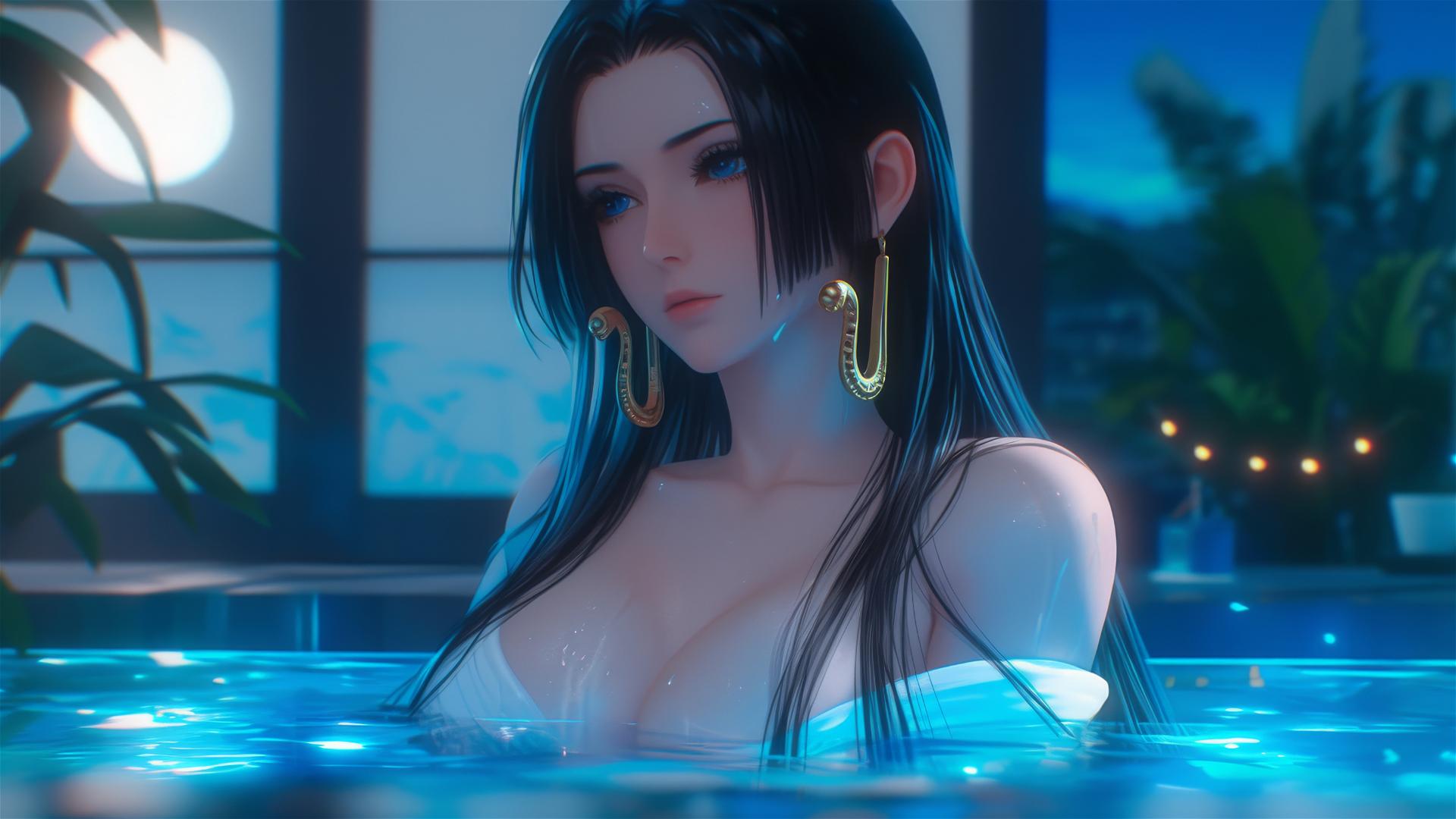 Boa Hancock from One Piece resting in a tub by moonlight