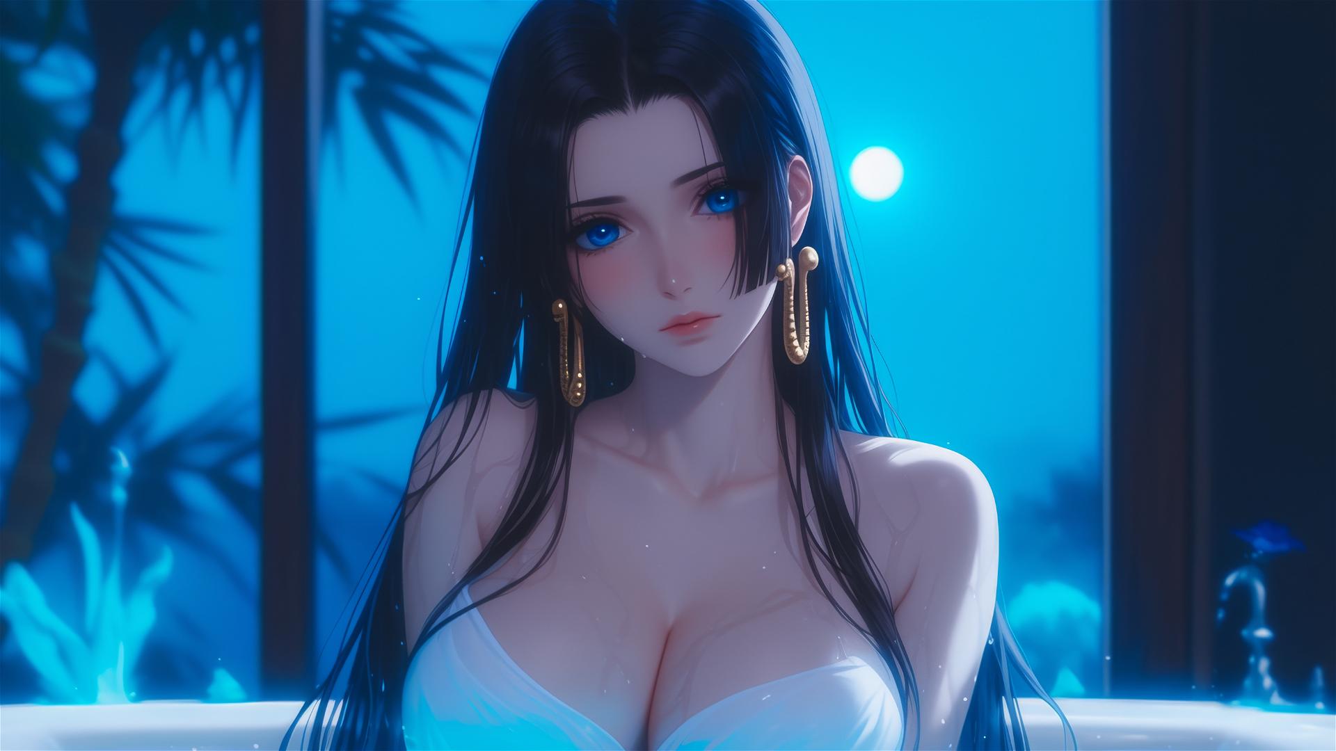 Boa Hancock from One Piece, reclining in apartment tub under moonlight