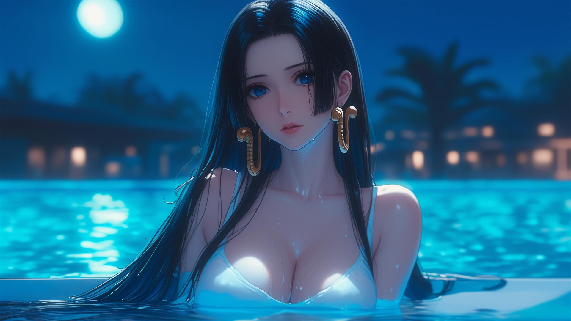 Boa Hancock from One Piece, relaxed in apartment tub under moonlight