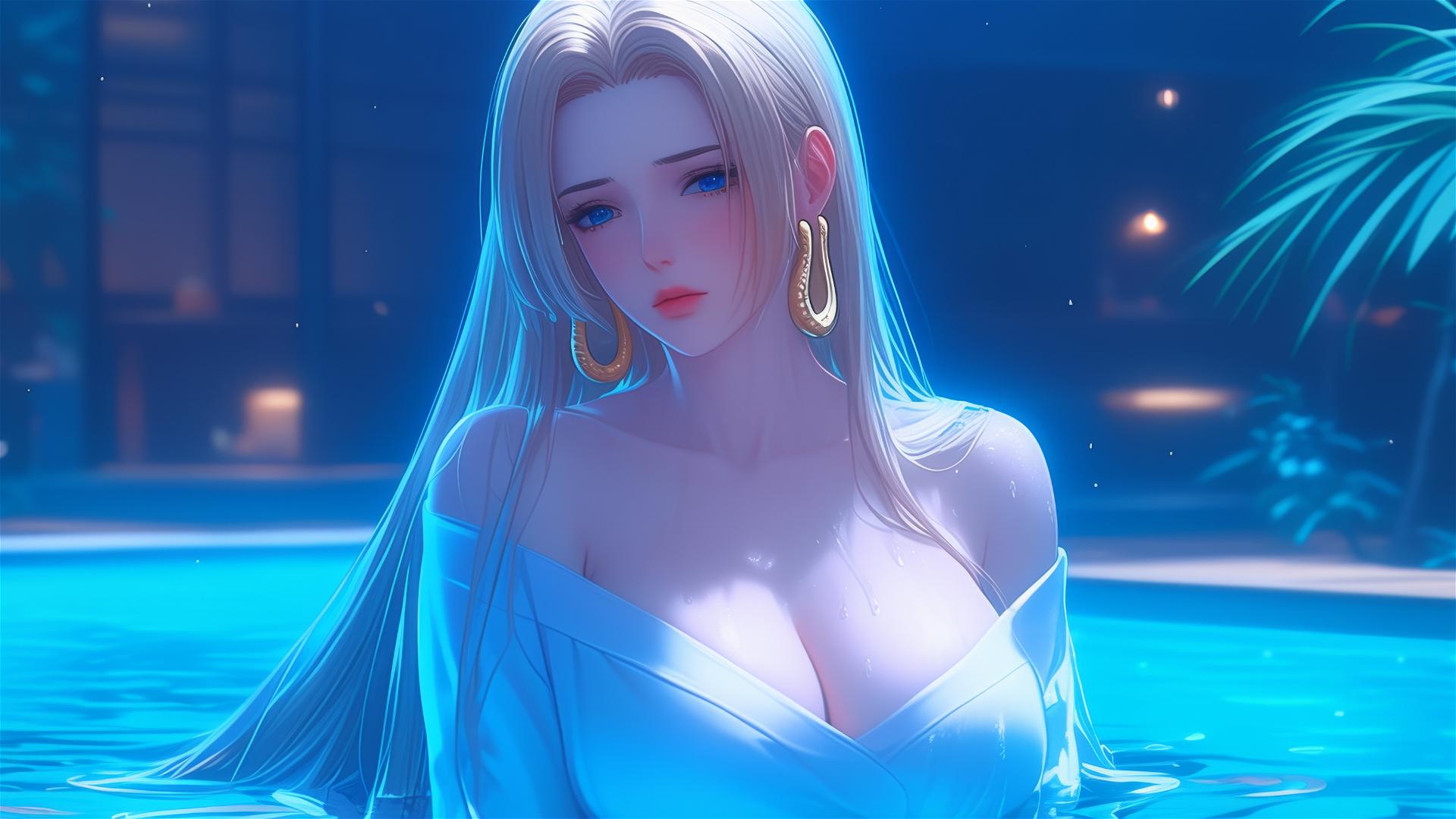 Boa Hancock from One Piece resting in tub, bathed in moonlight, highlighting her blond and reddish hair.