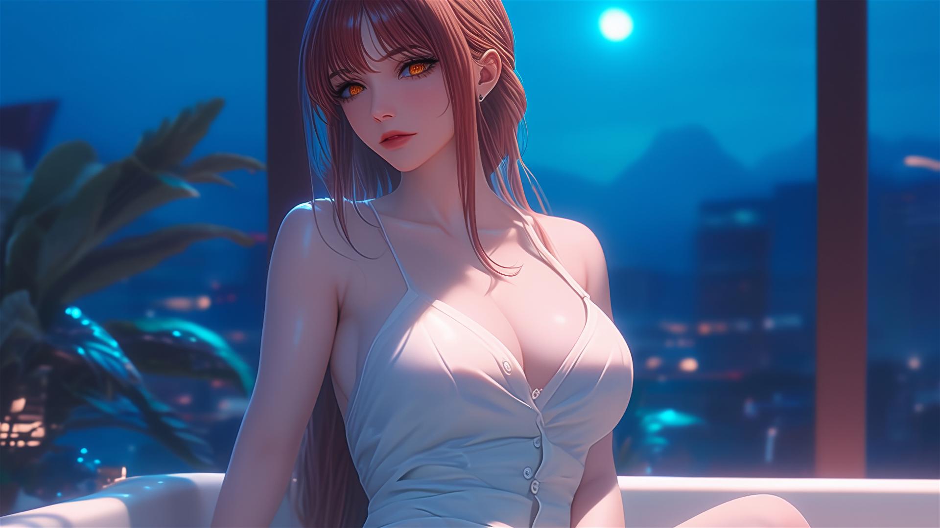 Makima from Chainsaw Man resting at tub by window under moon light, blond and redish hair
