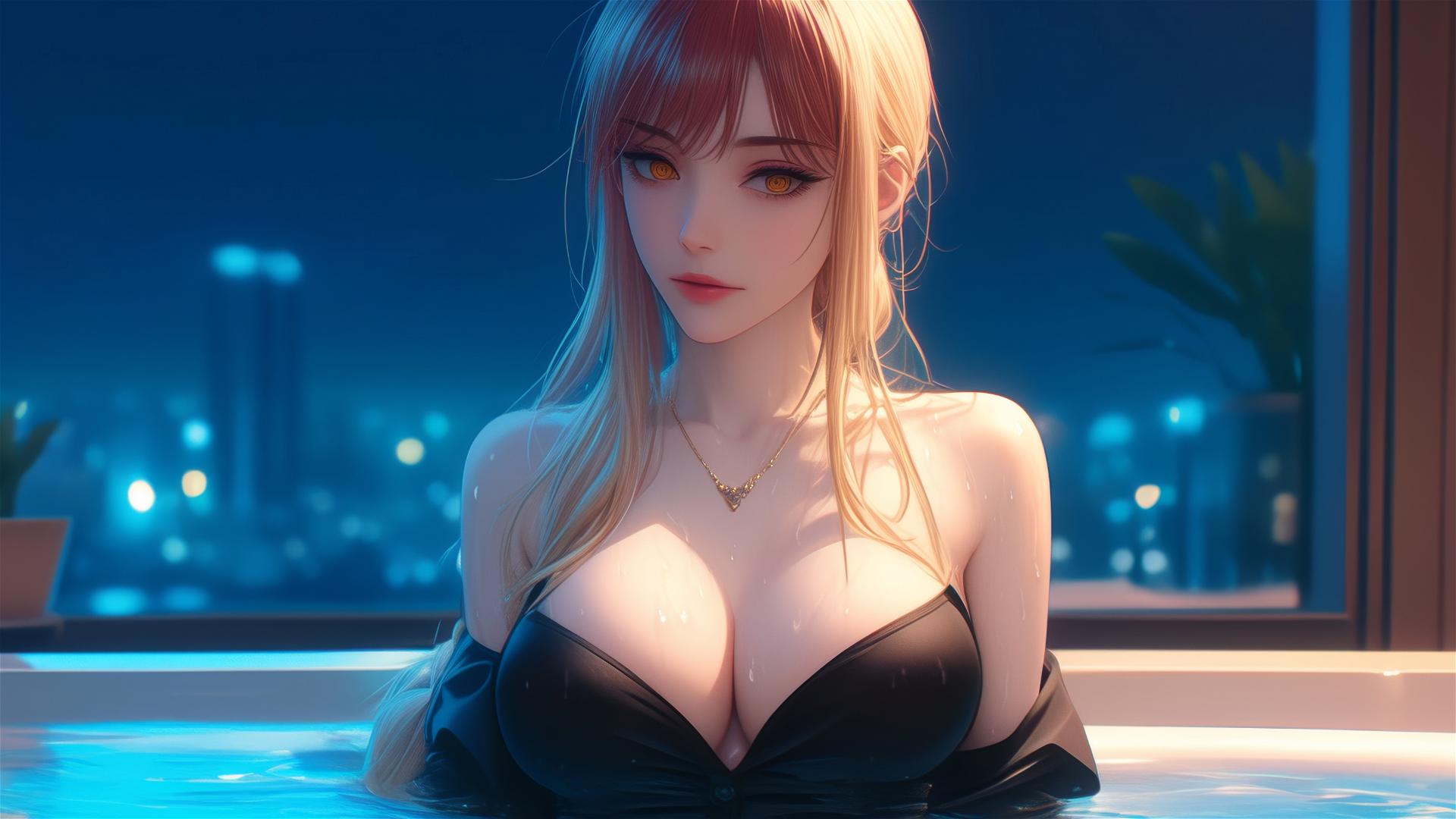 Makima from Chainsaw Man resting in a tub, moonlight casting a soft glow on her figure, blond to redish hair