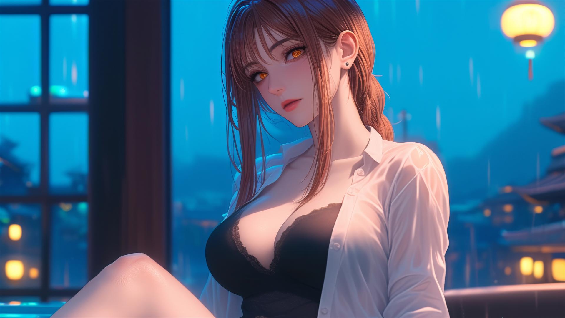 Anime character Makima from Chainsaw Man resting in tub under moonlight with blond and reddish hair