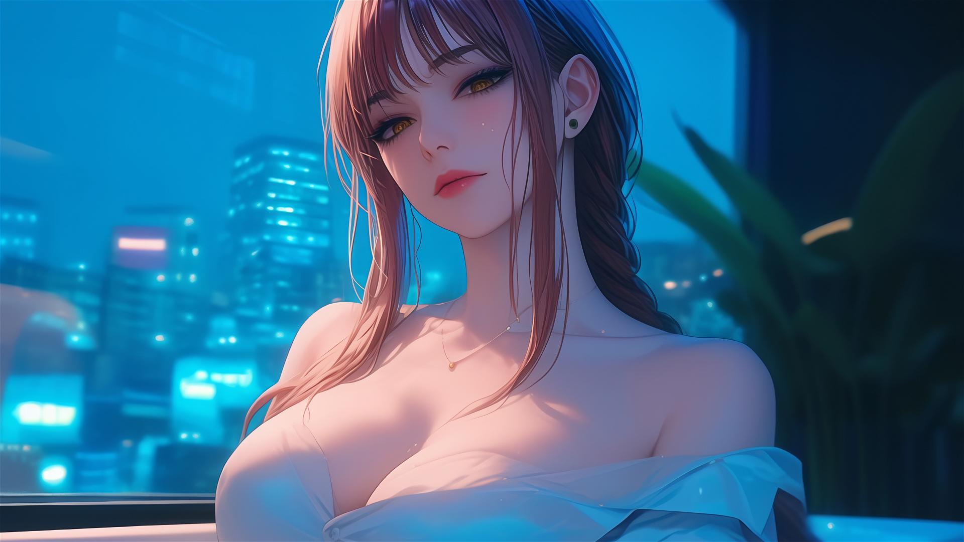 Makima from Chainsaw Man resting in tub under moonlight with blond and redish hair