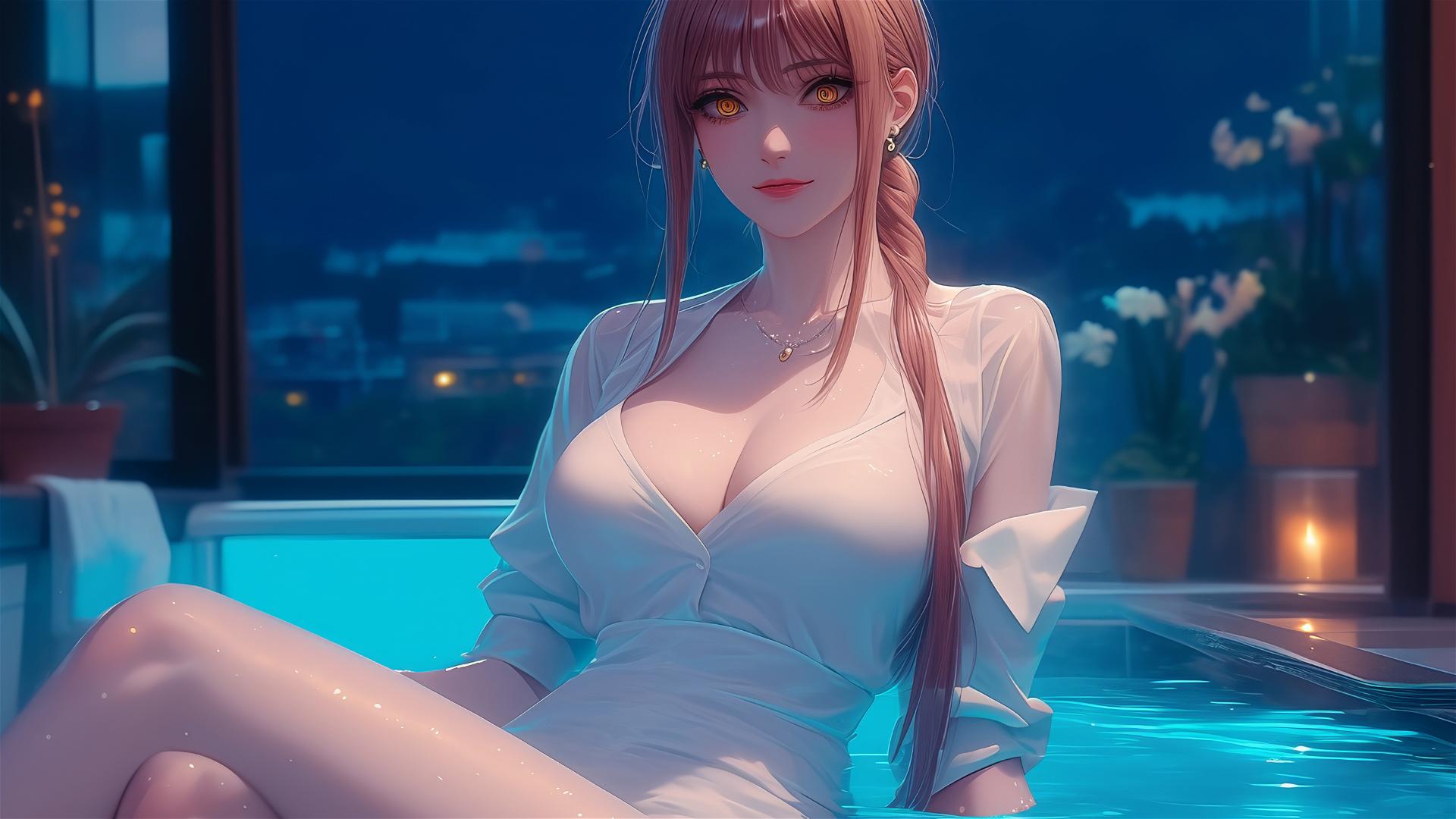 Makima from Chainsaw Man resting in a tub under moonlight, with blond and redish hair