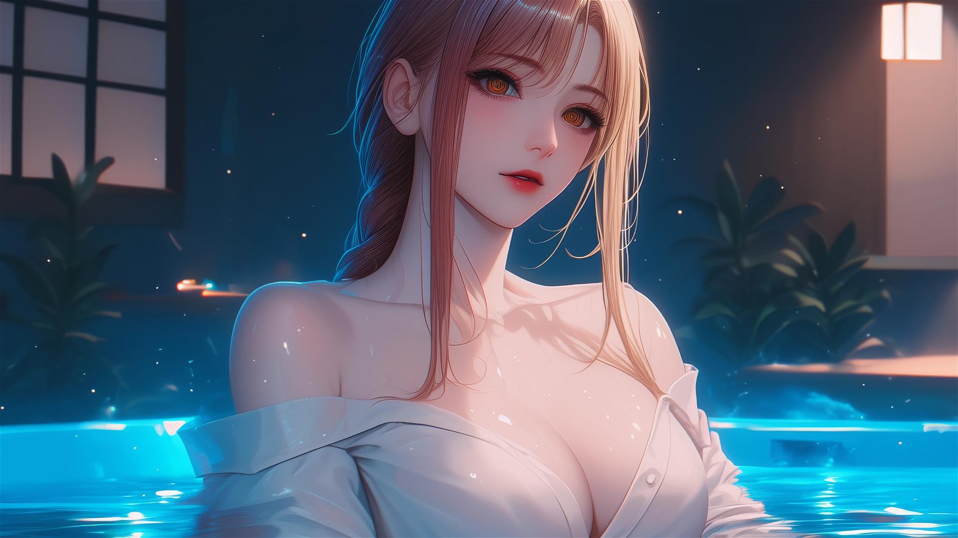 Makima from Chainsaw Man resting in tub, moonlight casting a soft glow, blond and redish hair