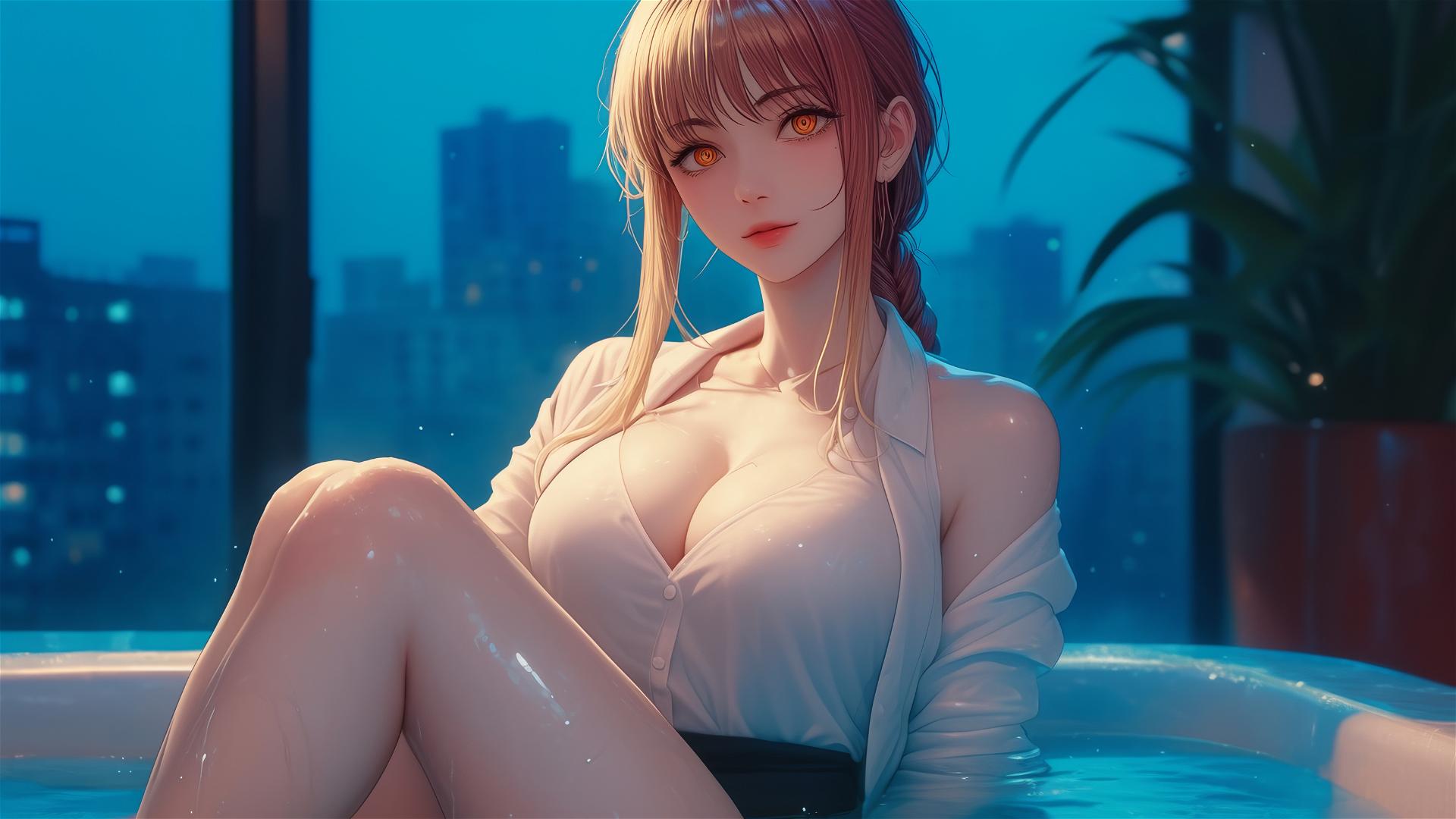 Makima from Chainsaw Man in bathtub under moonlight glow with blond and reddish hair