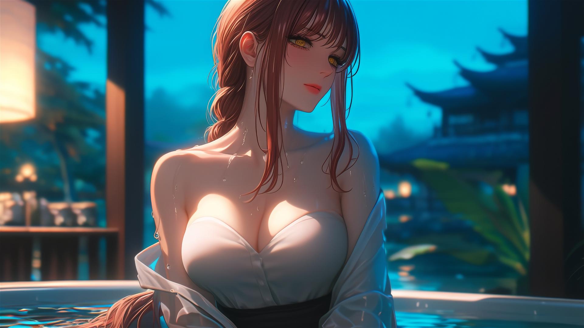 Makima from Chainsaw Man resting in an apartment tub under moonlight, highlighted blond and reddish hair