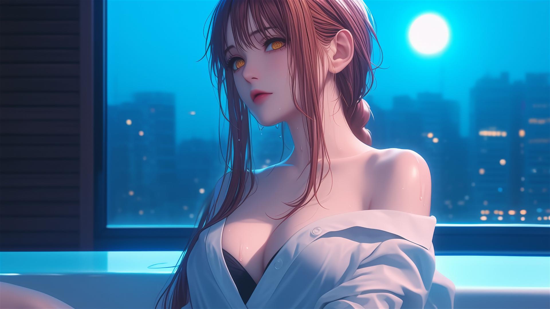 Makima from Chainsaw Man resting in tub with moonlight glow