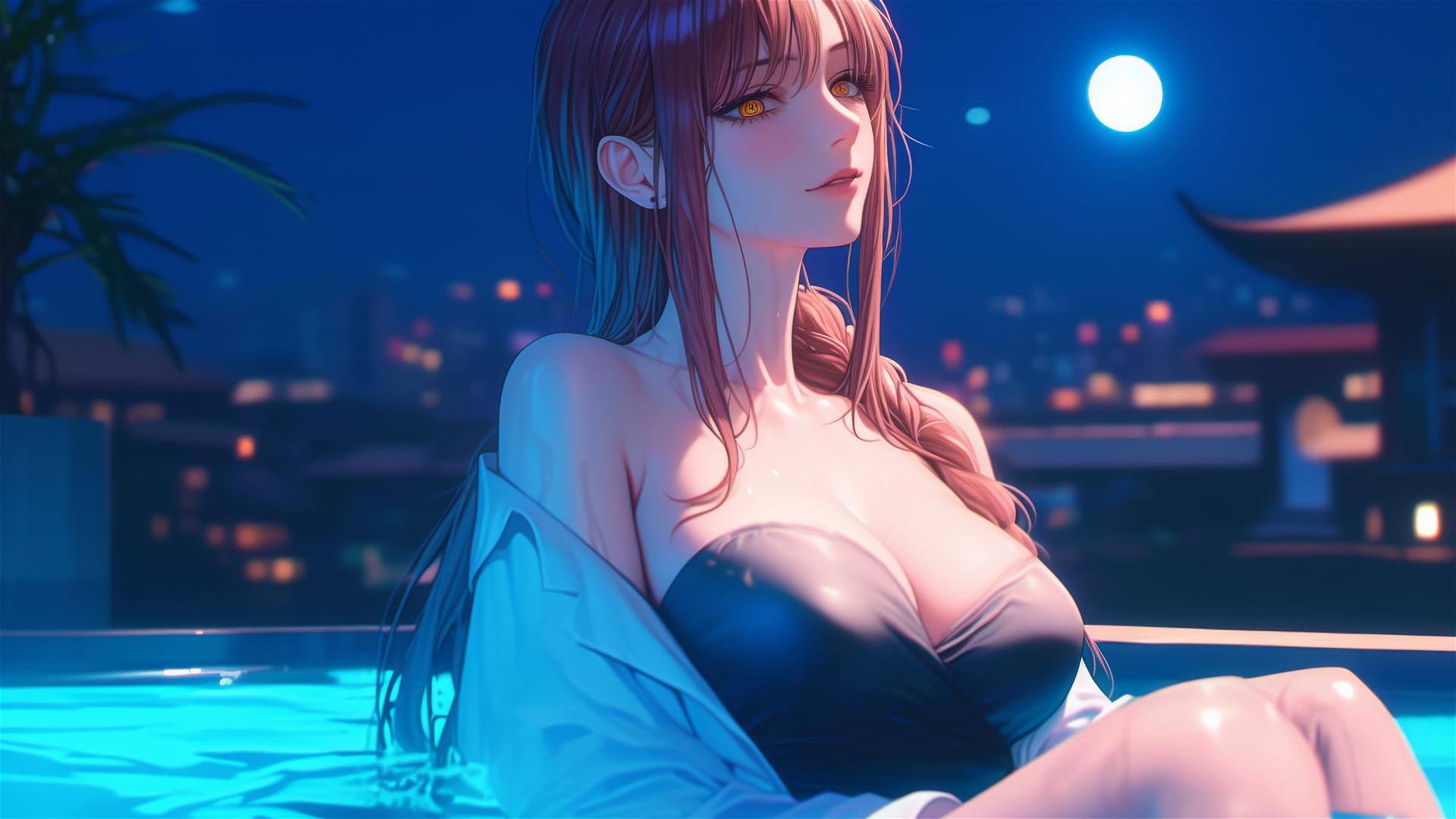 Anime character Makima from Chainsaw Man resting in moonlit tub