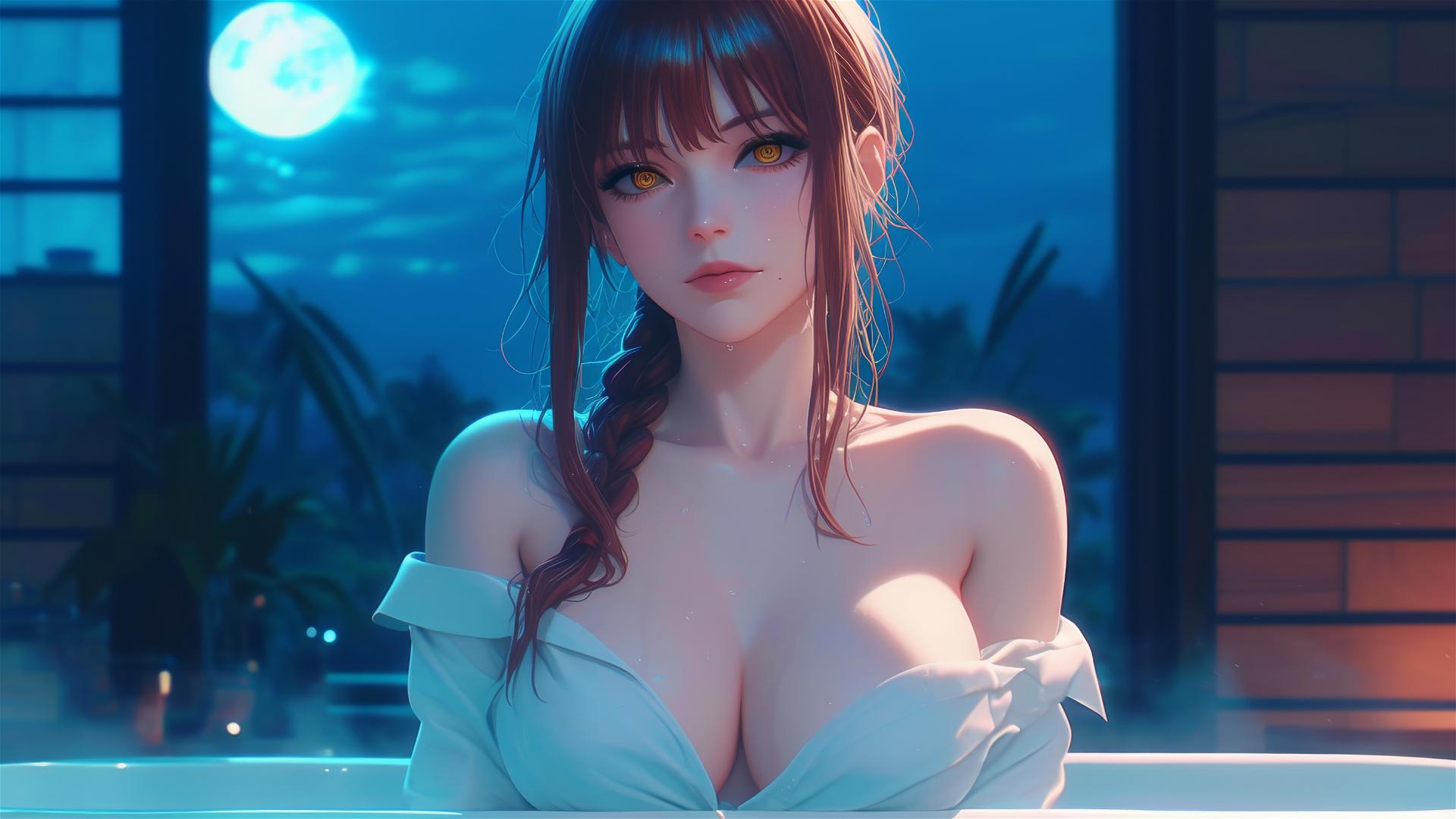 Makima from Chainsaw Man resting in tub under moonlight with blond and reddish hair