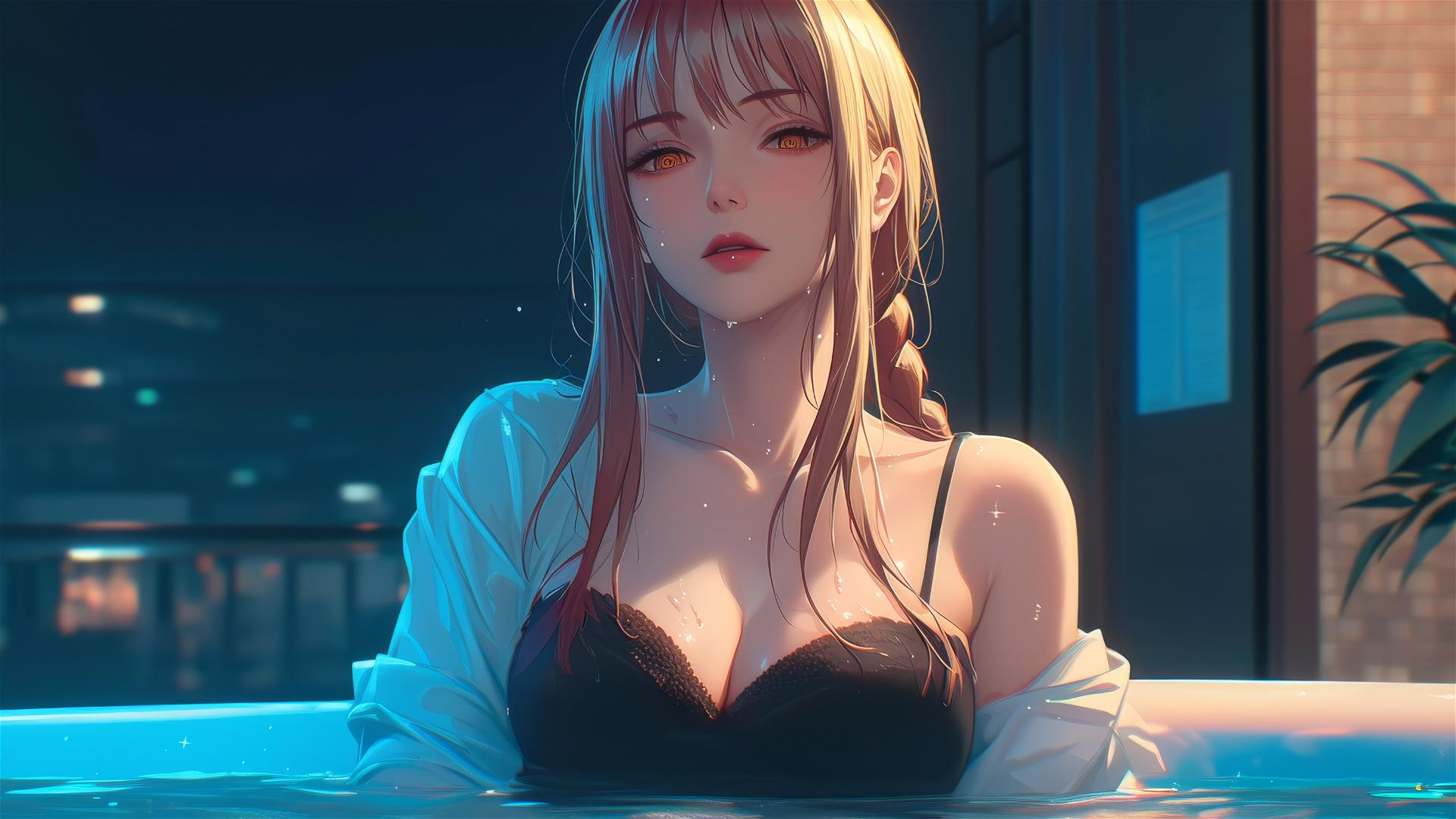 Makima from Chainsaw Man resting in a tub, moonlight casting a glow on her figure, blonde and reddish hair