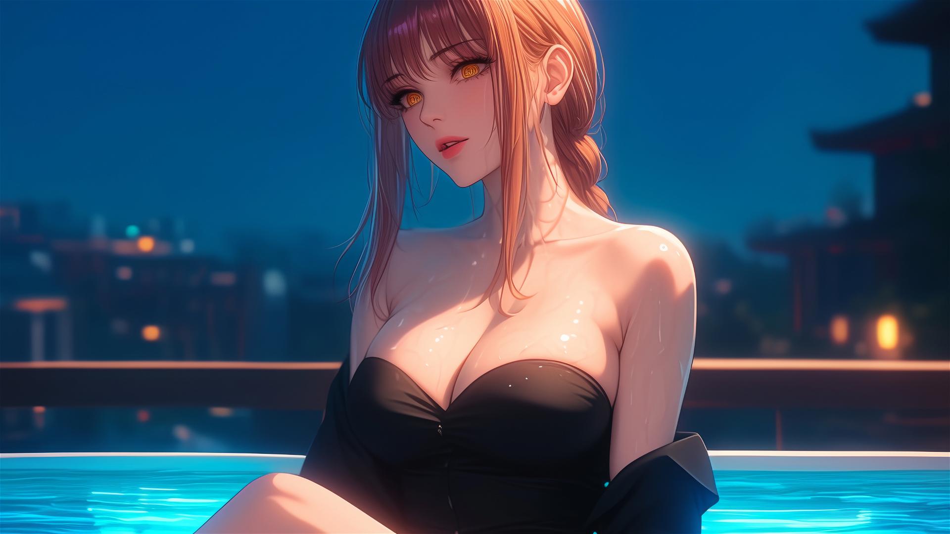 Makima from Chainsaw Man resting in a tub under moonlit glow