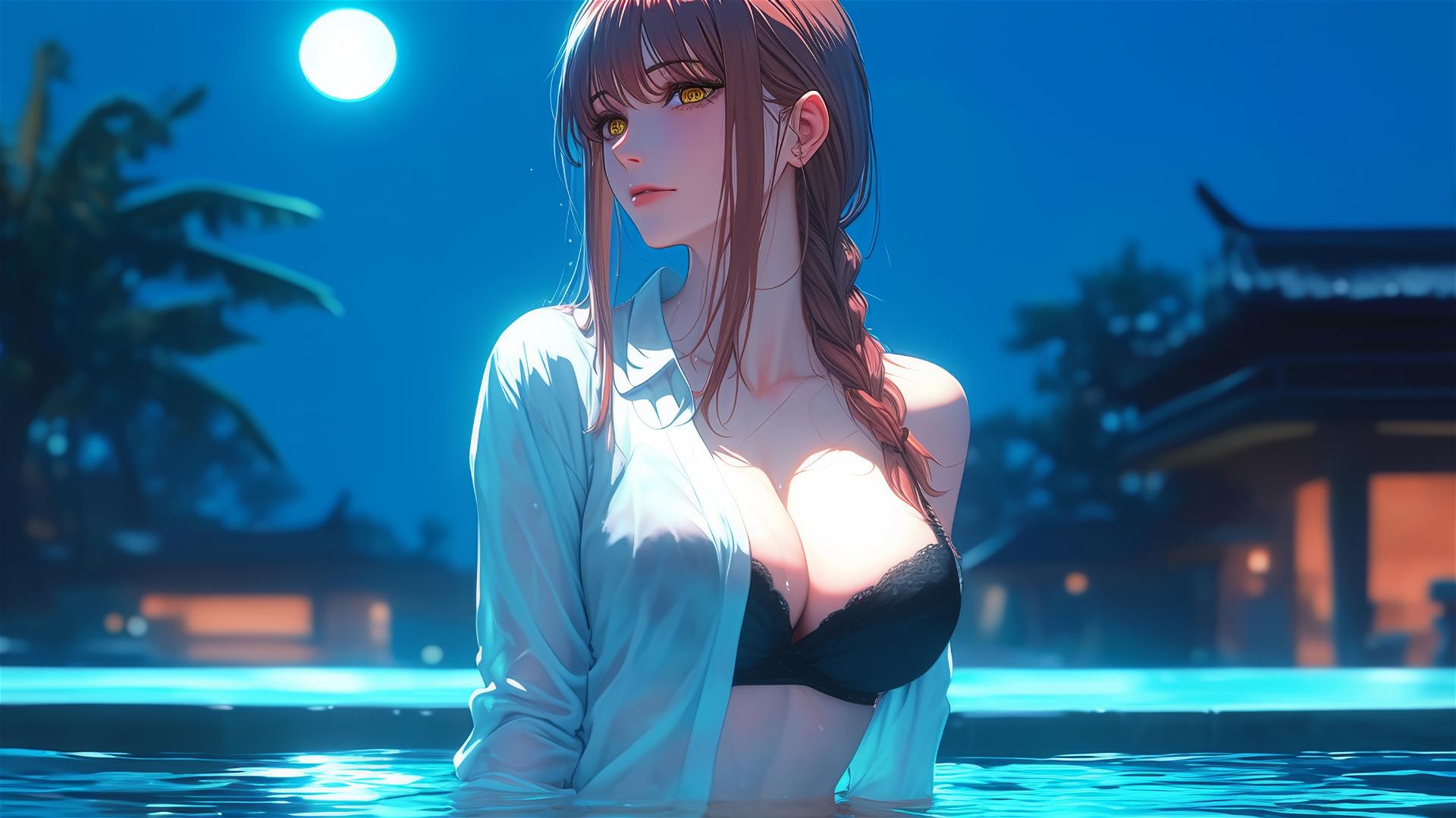 Makima from Chainsaw Man resting in a tub under moonlight with blond and redish hair
