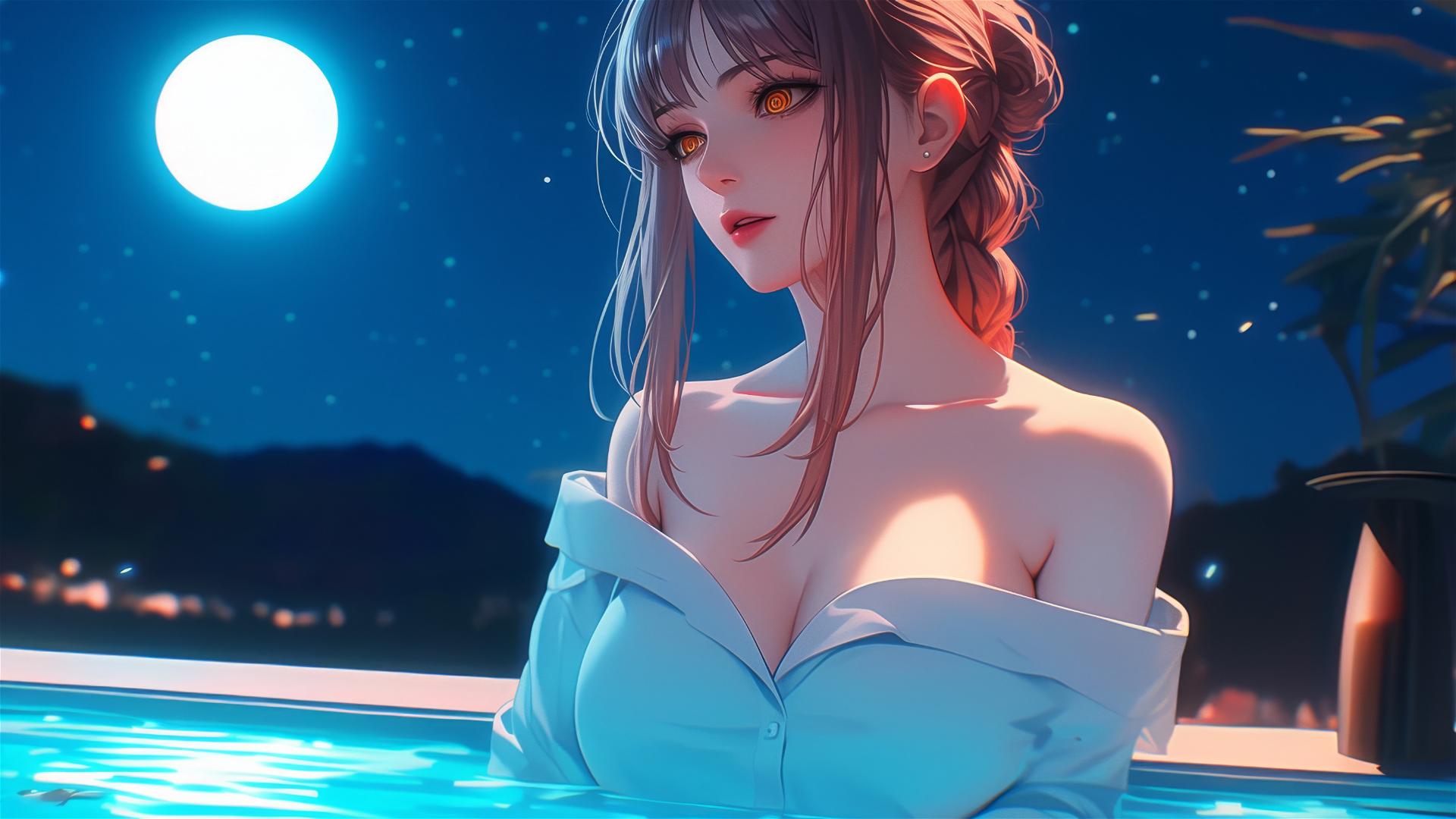 Makima from Chainsaw Man resting in tub under moonlight with blond and reddish hair