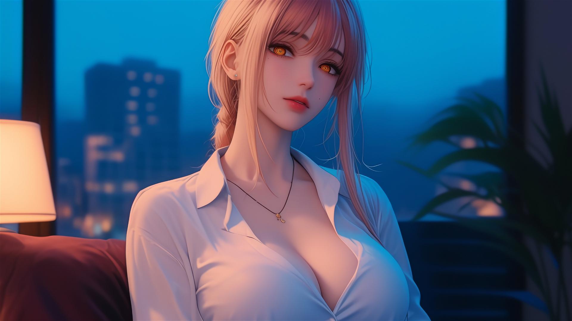 Makima from Chainsaw Man resting in an apartment under moonlight, with highlight on her blond and redish hair
