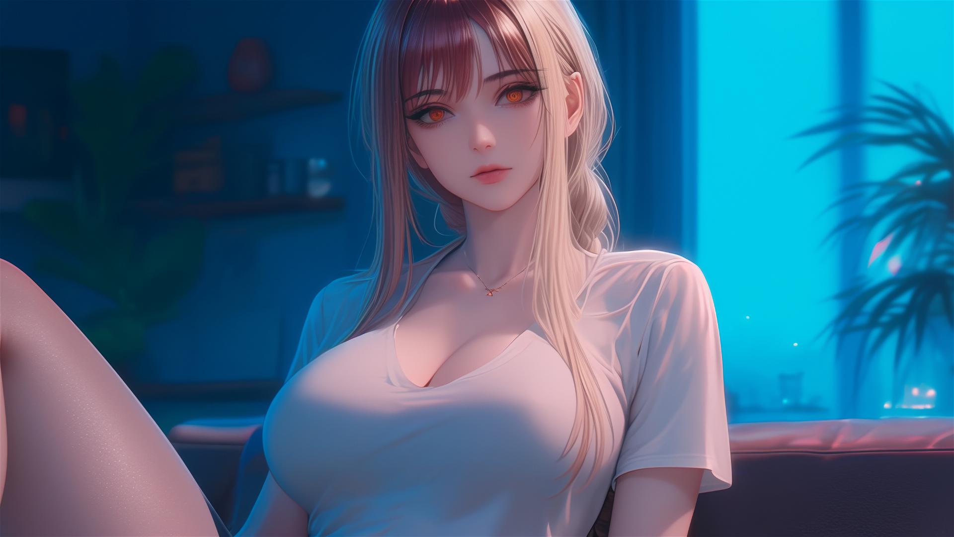 Makima from Chainsaw Man resting in an apartment under moonlight, her blond and reddish hair highlighted