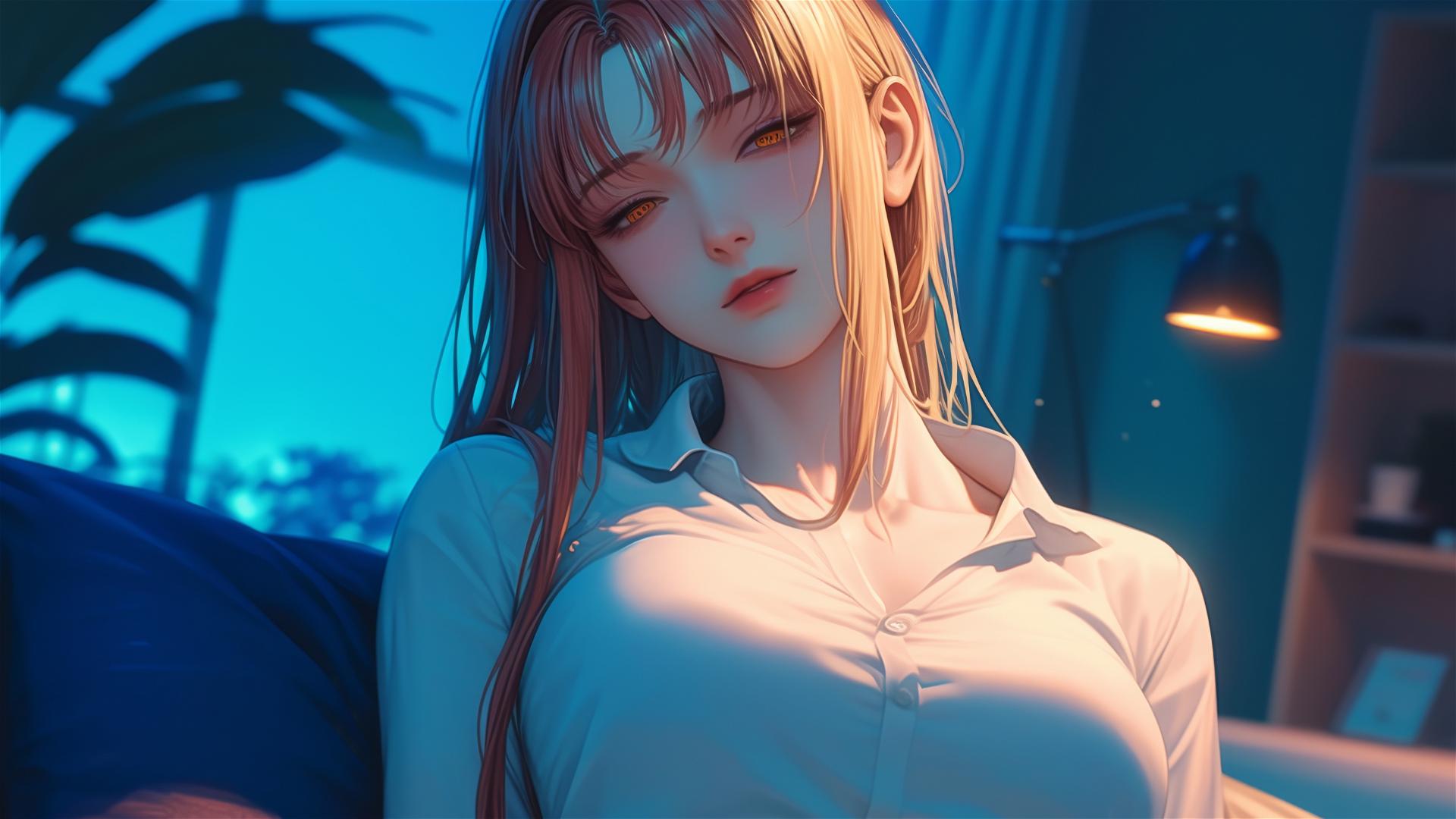 Makima from Chainsaw Man resting in apartment with moonlight glow on figure