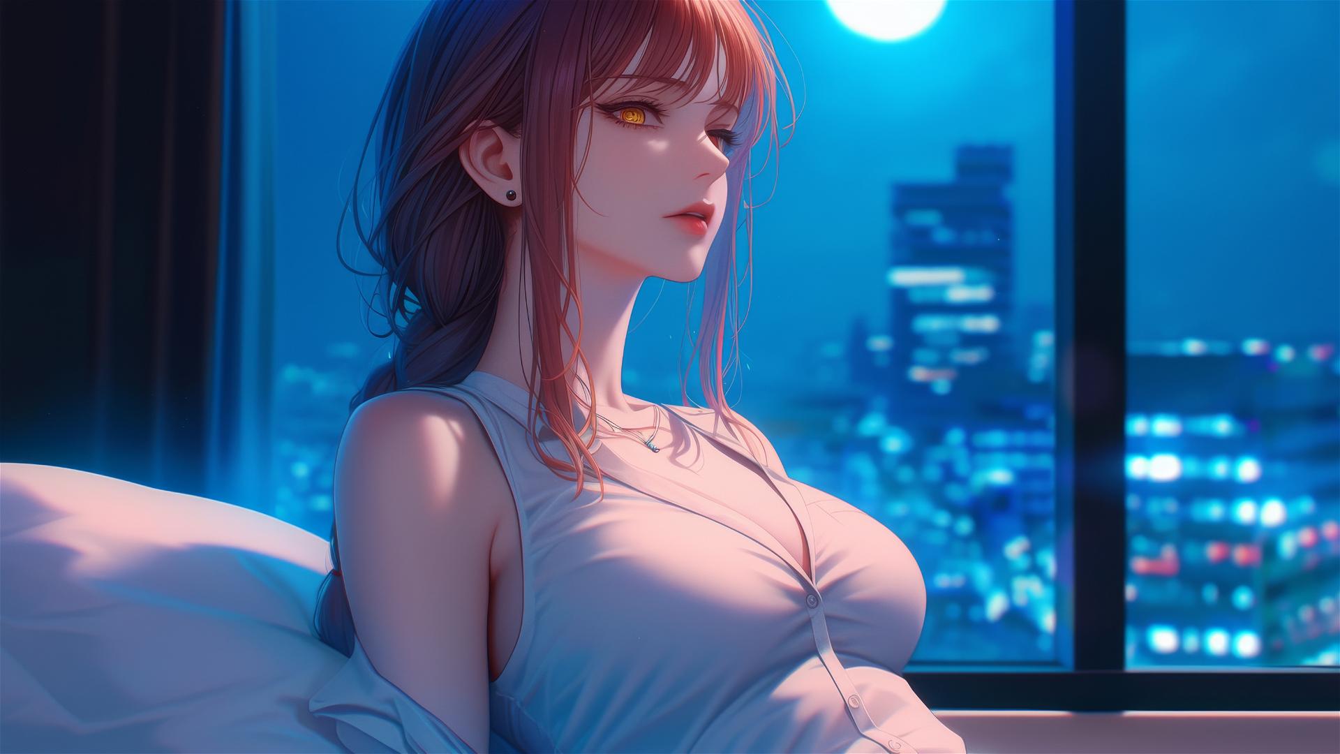 Makima from Chainsaw Man resting in apartment under moonlight, with blond and redish hair