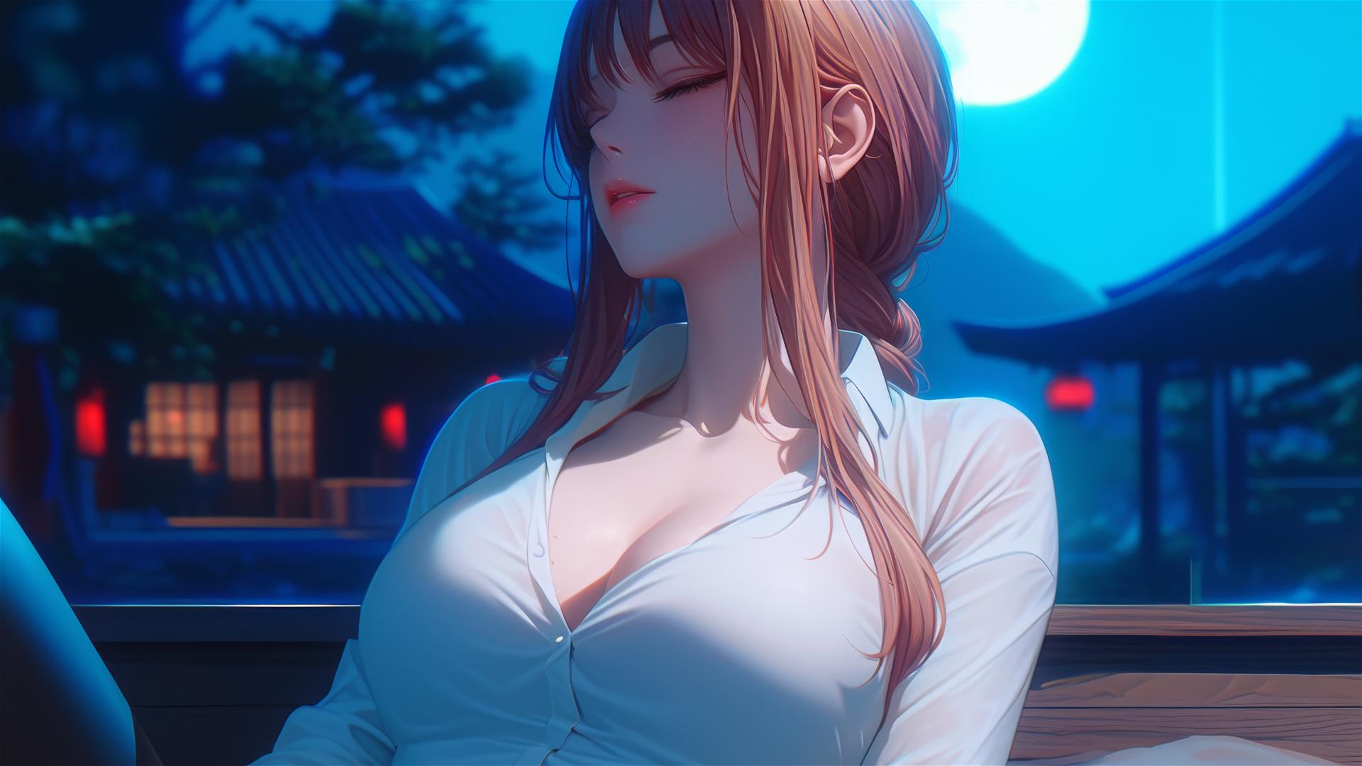 Makima from Chainsaw Man relaxing in an apartment under moonlight, highlighting her blonde and reddish hair