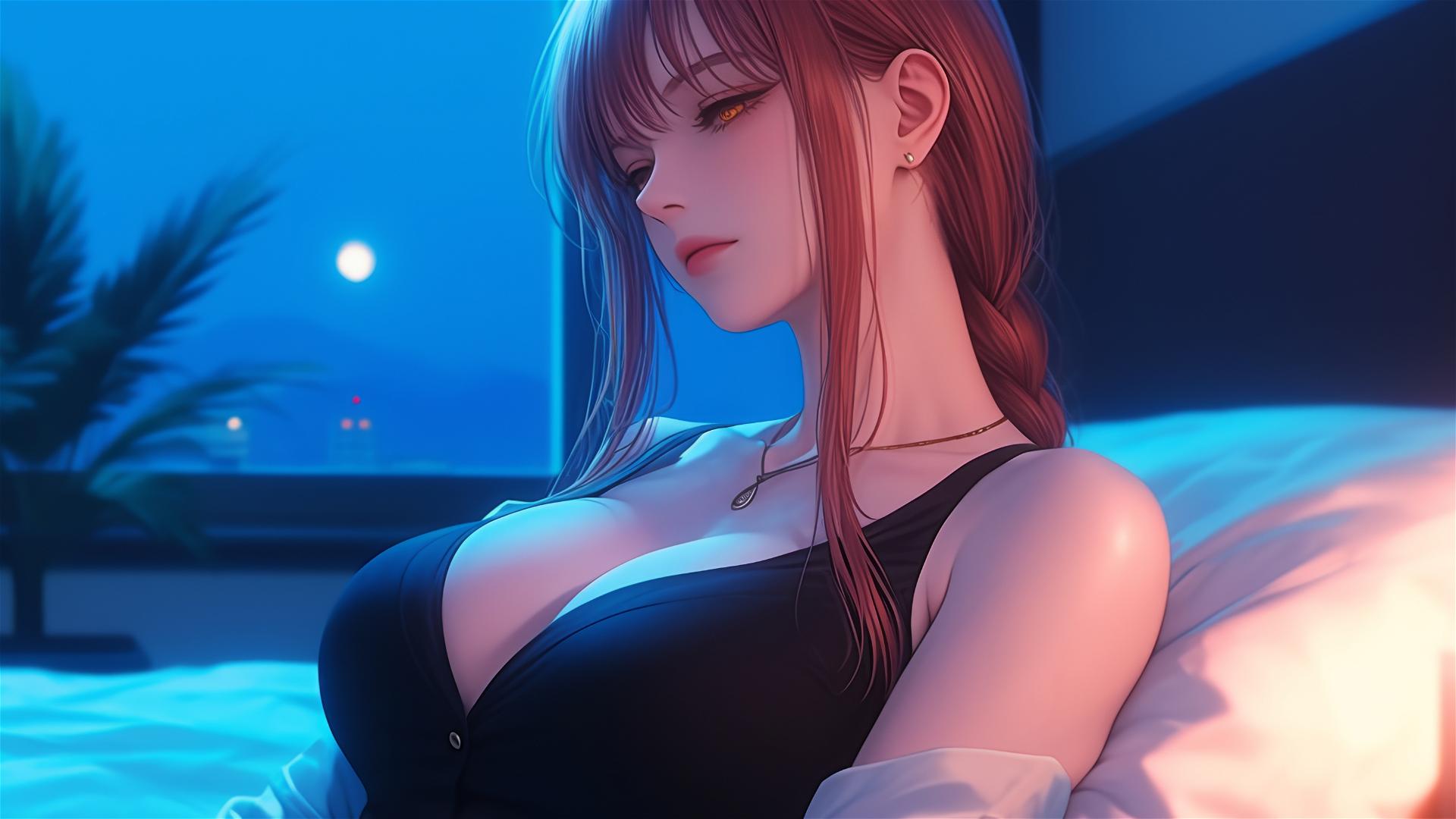 Makima from Chainsaw Man resting in a moonlit apartment, highlighted hair shifting from blonde to red