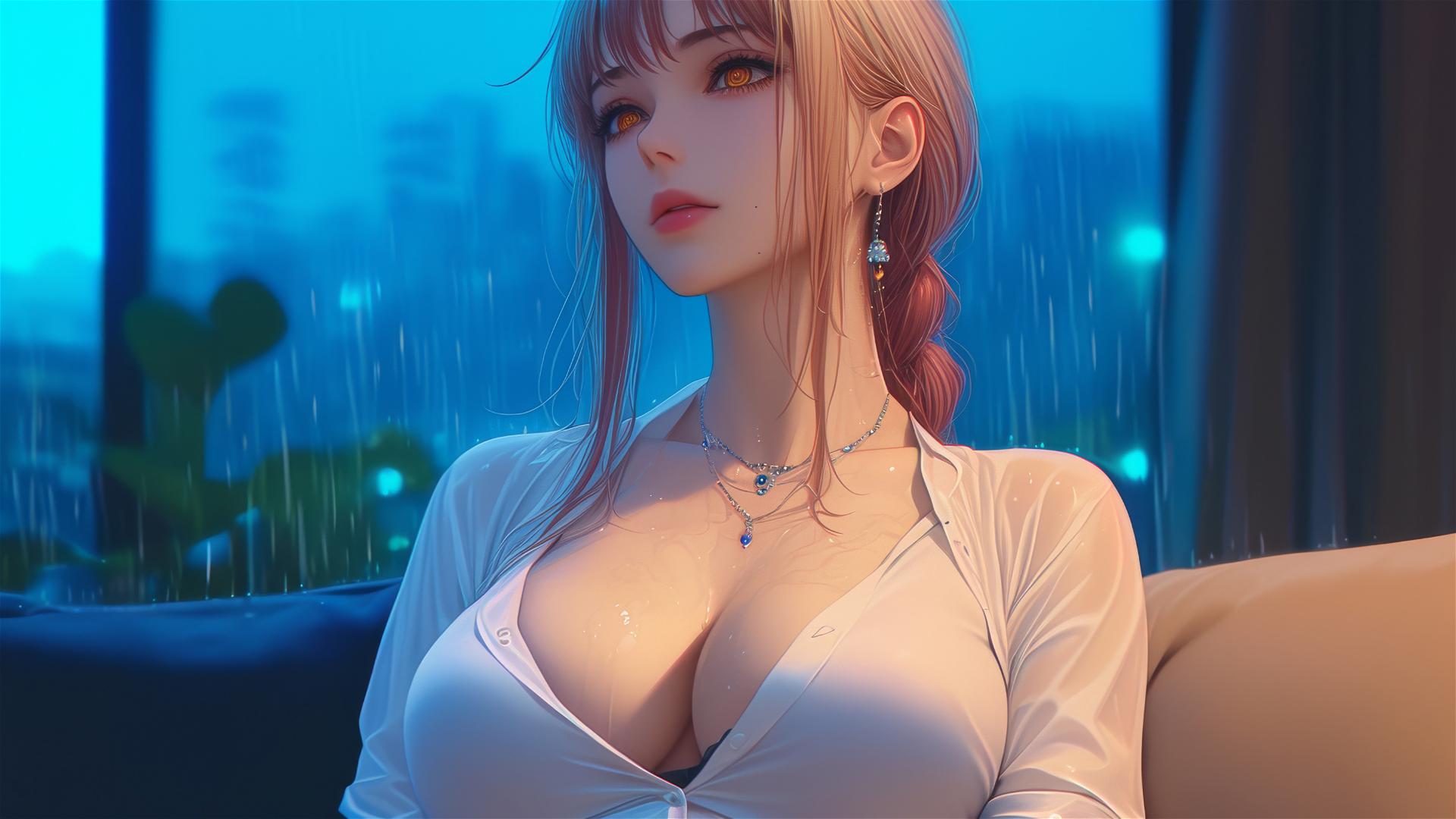 Makima from Chainsaw Man resting in apartment under moonlight with blond and redish hair