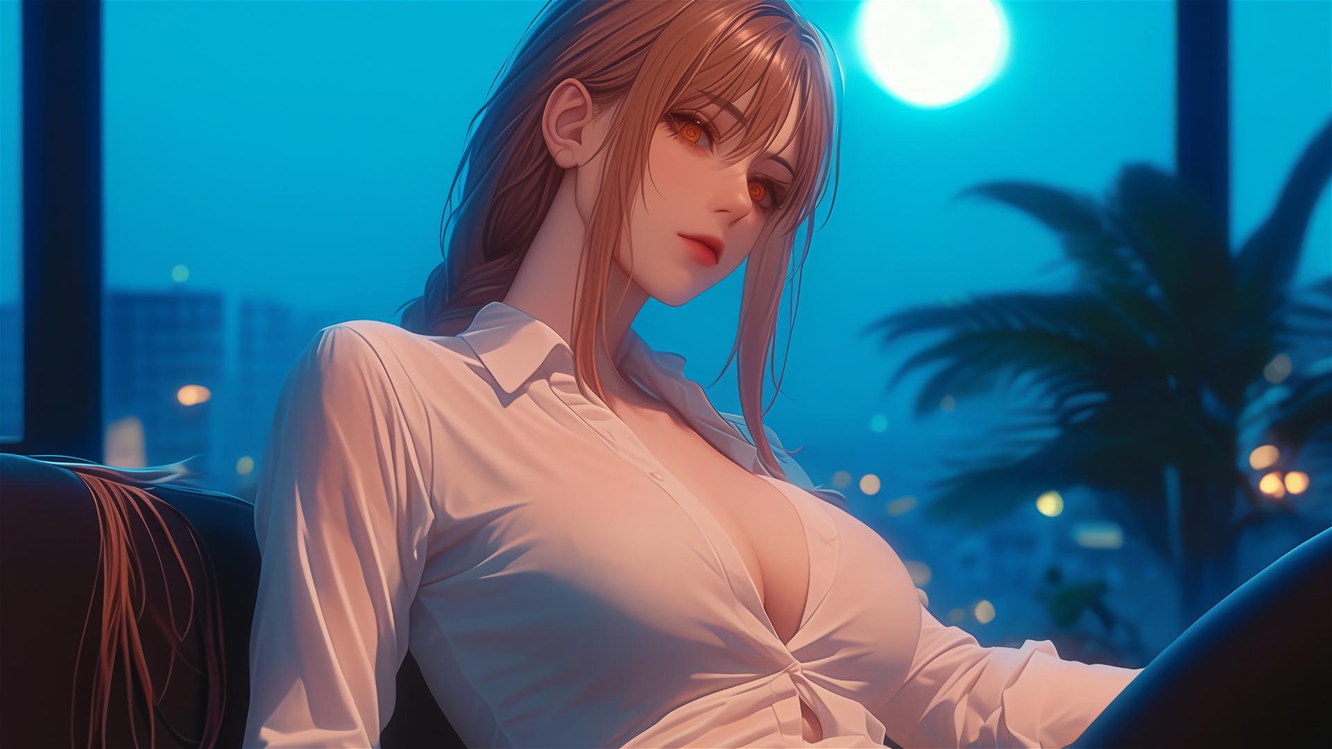 Makima from Chainsaw Man resting with moonlight on her figure
