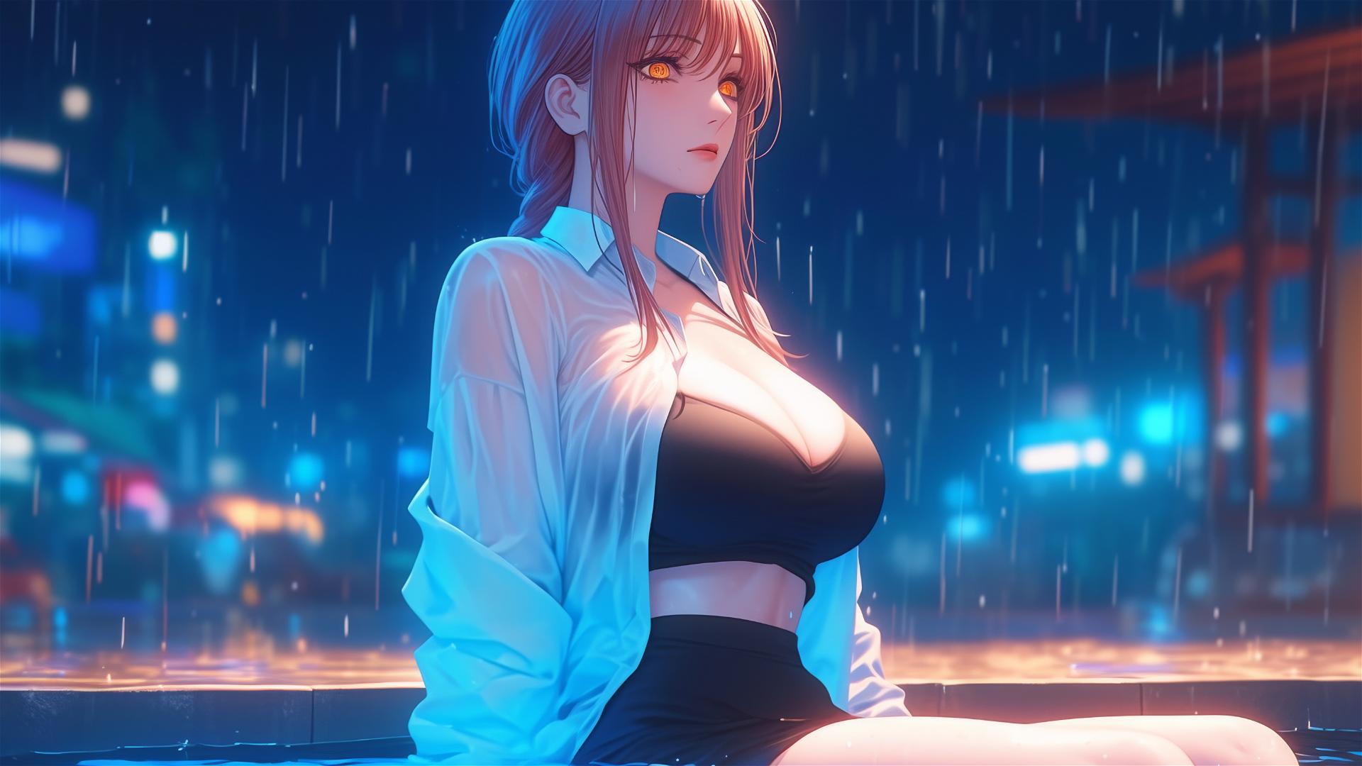 Makima from Chainsaw Man resting by a rainy swimming pool under moonlight, blonde-reddish hair visible