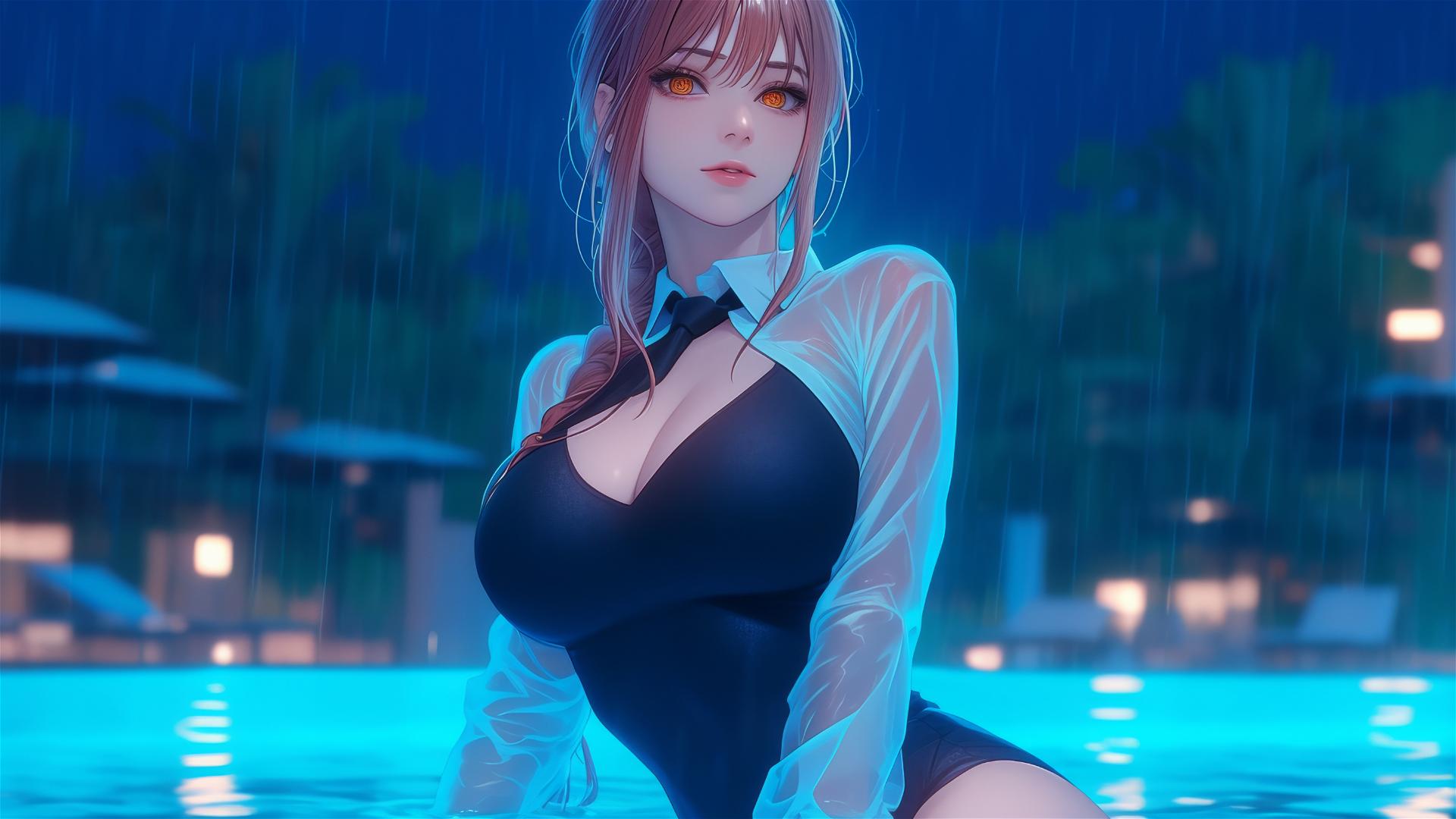 Makima from Chainsaw Man resting by a rainy swimming pool under moonlight, highlighting her blond and redish hair.