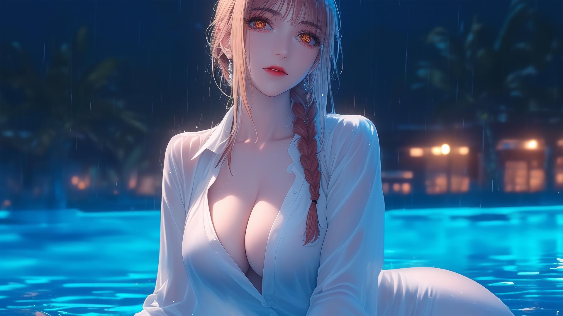 Makima from Chainsaw Man resting by a pool in moonlight on a rainy day