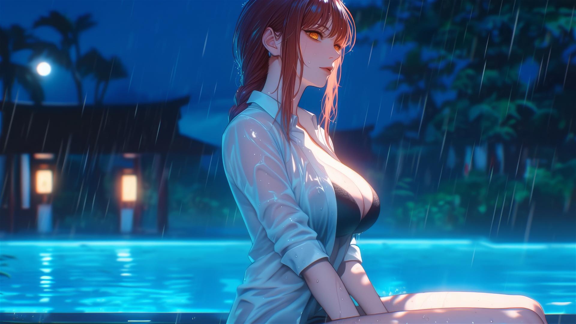 Makima from Chainsaw Man resting by rainy pool under moonlight with blond and redish hair