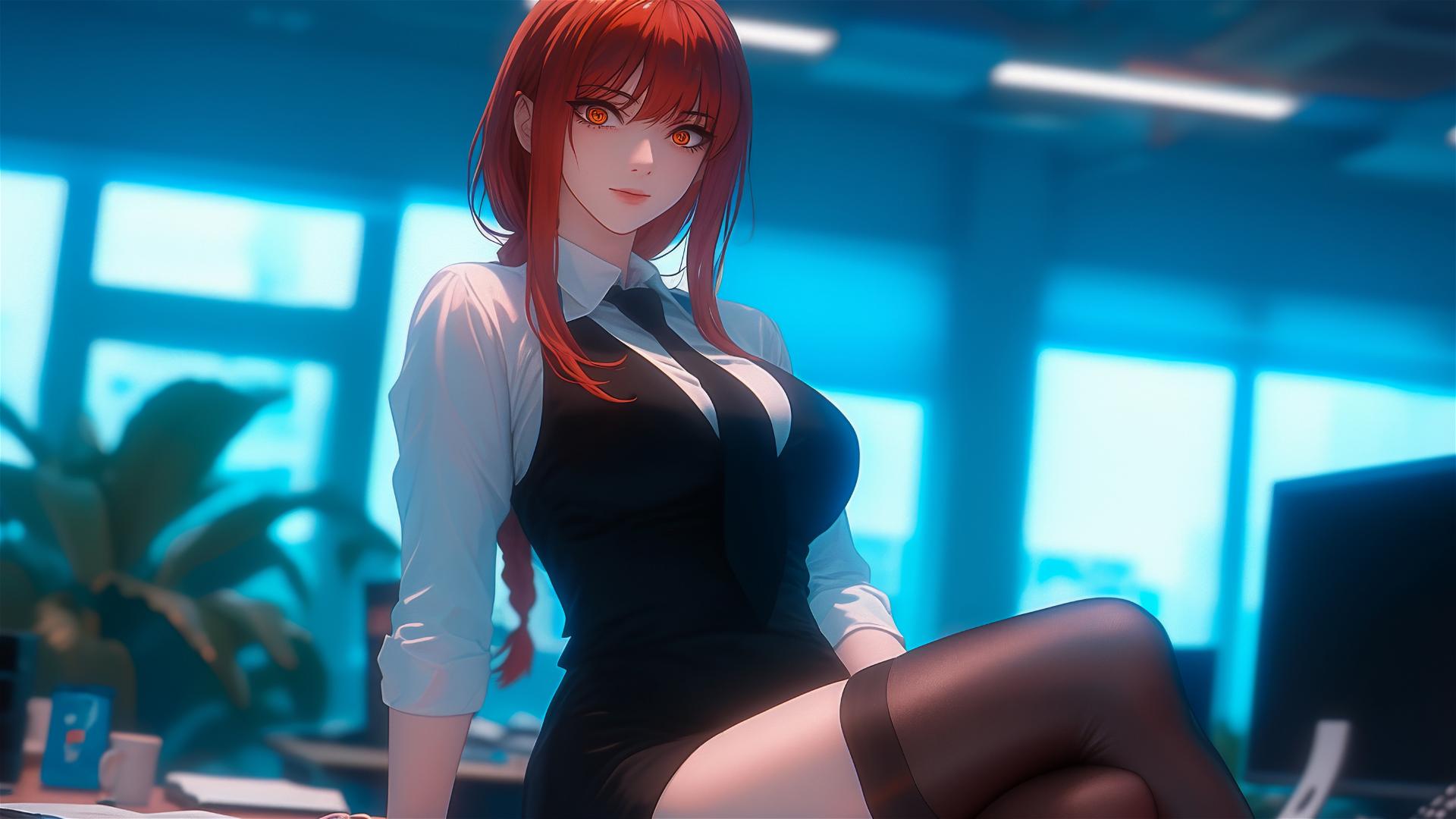 Looking up view of Makima from Chainsaw Man standing in an office, with focus on her thighs and her red hair