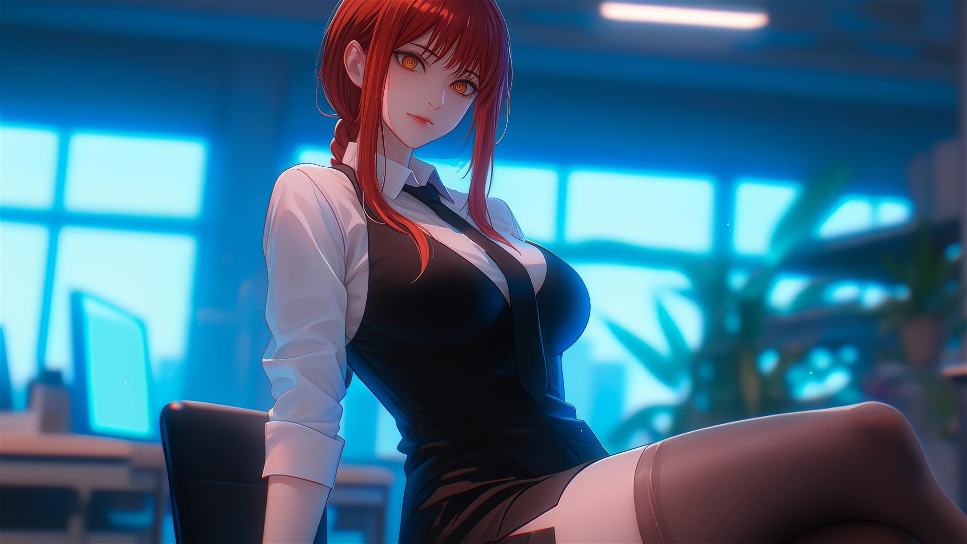 View from ground of Makima, a character from Chainsaw Man, leisurely standing in an office, with a focus on her thighs, and notable reddish hair.