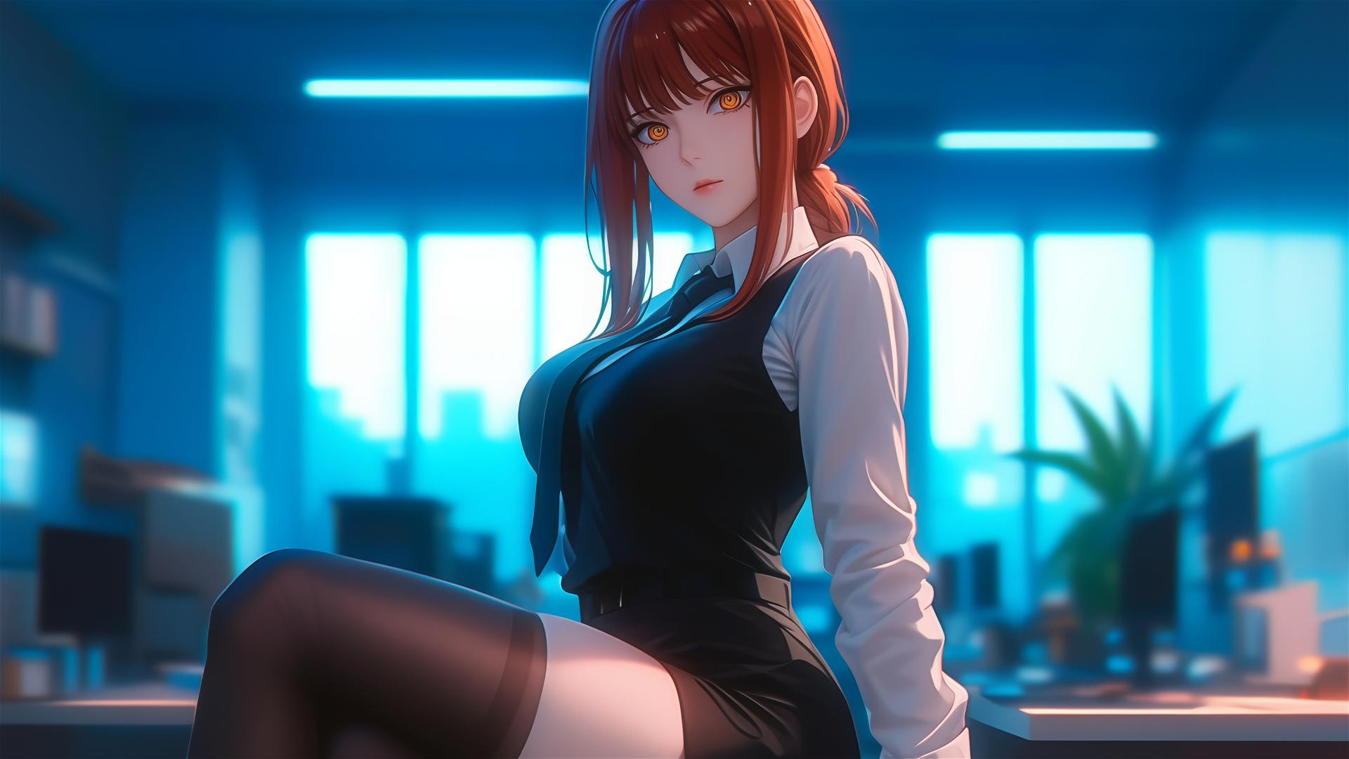 Makima from Chainsaw Man standing leisurely in an office, focus on thighs, red hair visible
