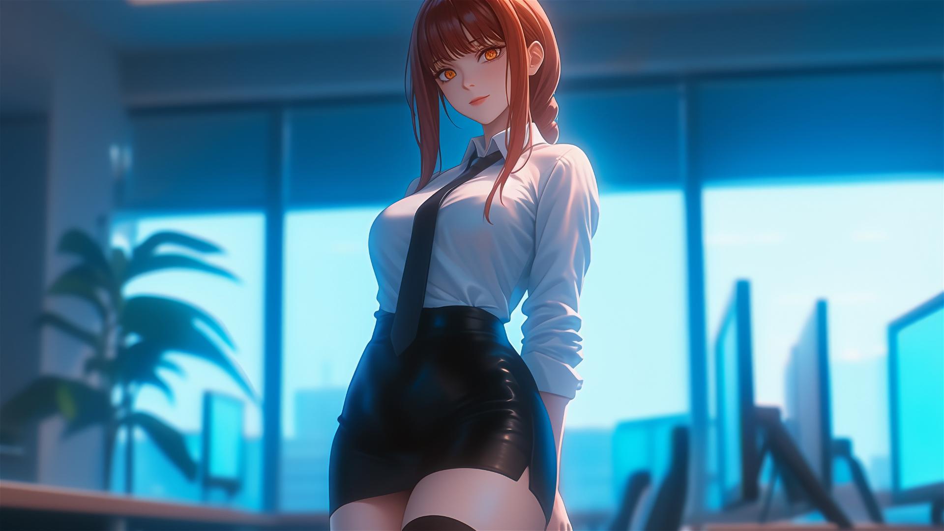 Makima from Chainsaw Man standing in an office, with focus on thigh and red hair