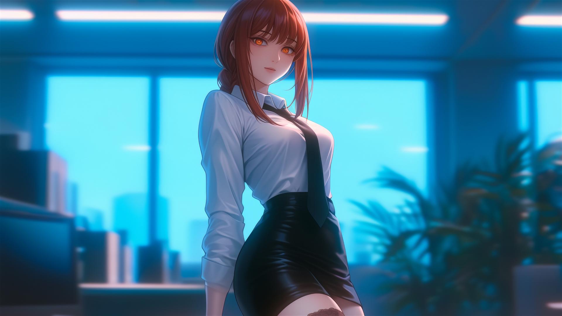 Looking from ground up view of Makima from Chainsaw Man standing in an office with focus on thigh and red hair