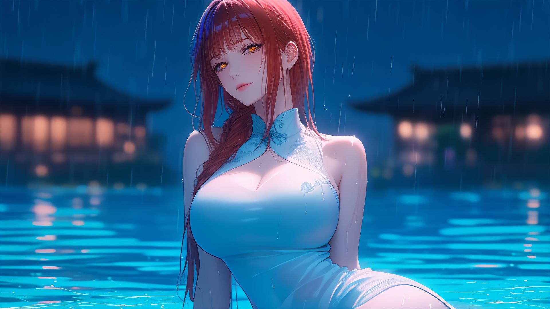 Makima from Chainsaw Man resting by a rainy swimming pool in moonlight, dressed in pink, with blond and red hair.