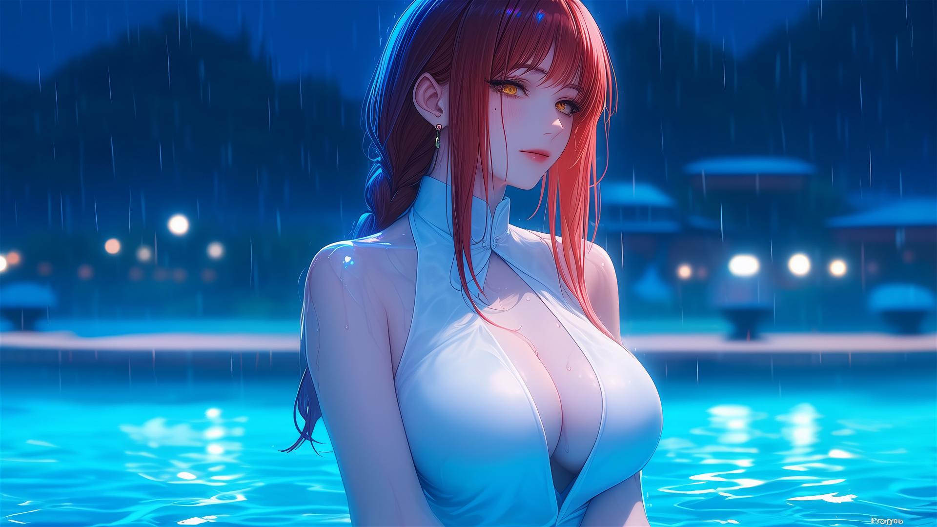 Makima from Chainsaw Man relaxing by a rainy swimming pool under moonlight, dressed in a pink