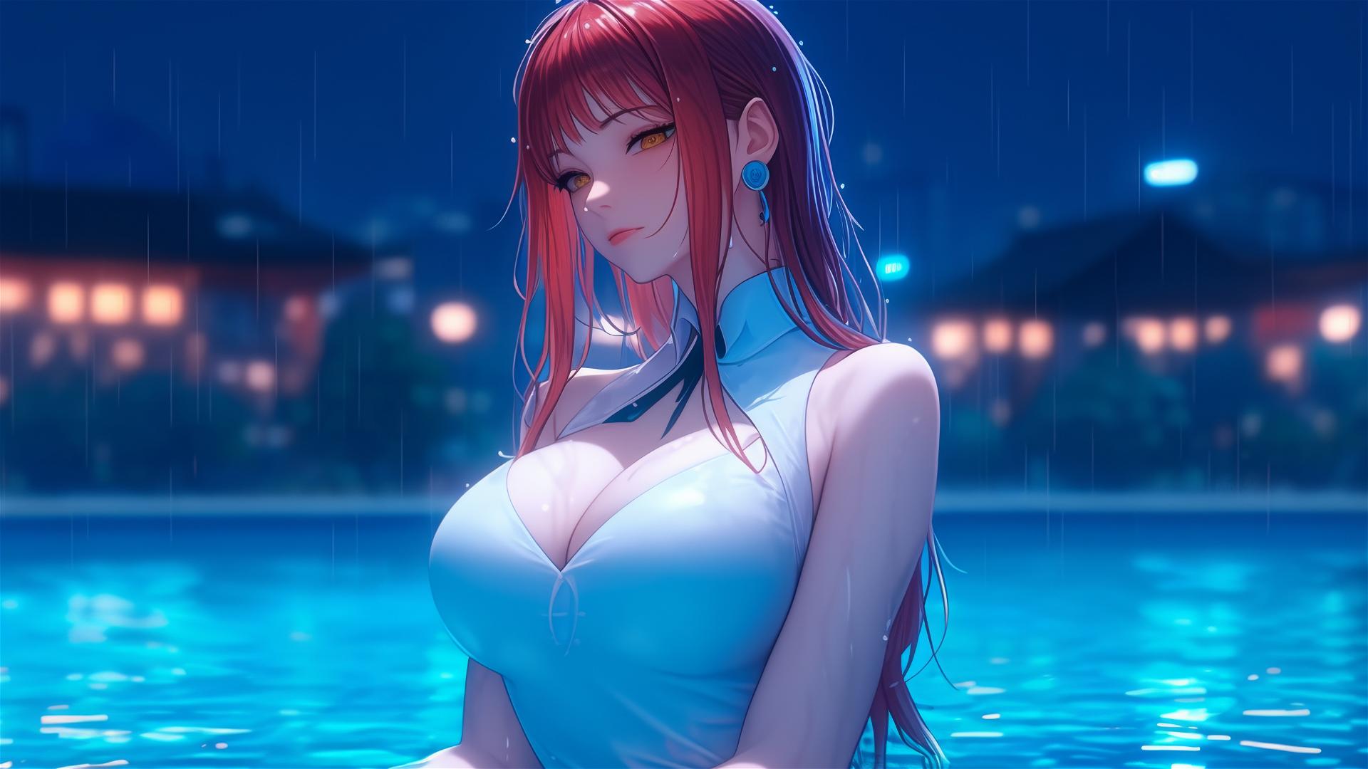 Makima from Chainsaw Man relaxing by a rainy pool under moonlight, in pink dress with blonde and reddish hair