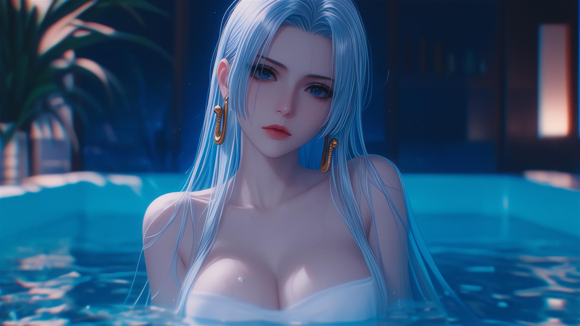 Boa Hancock from One Piece resting in tub in moonlit apartment